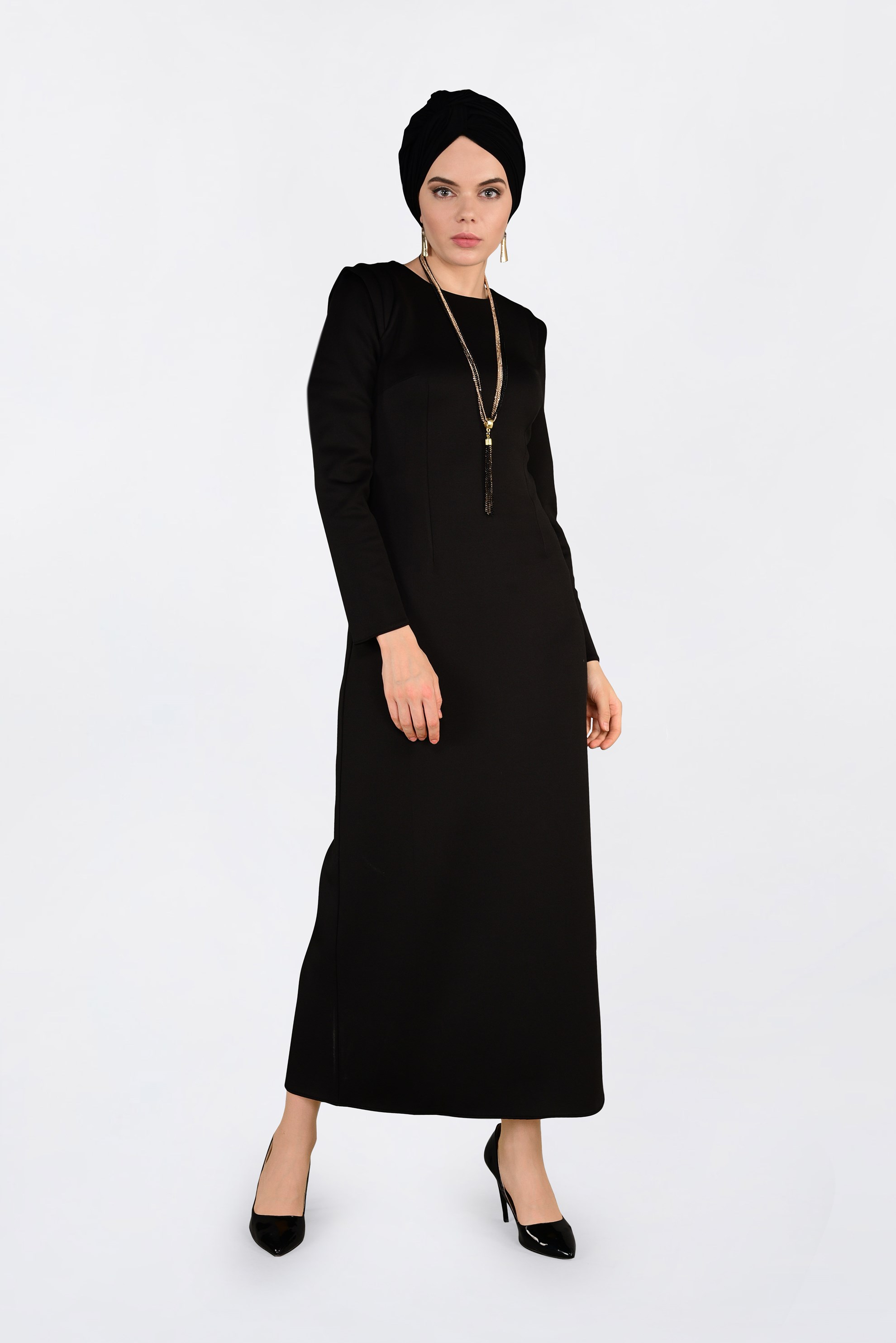 Tesettür giyim SİYAH DÜZ KESİM DALGIÇ KUMAŞ ELBİSE  4785