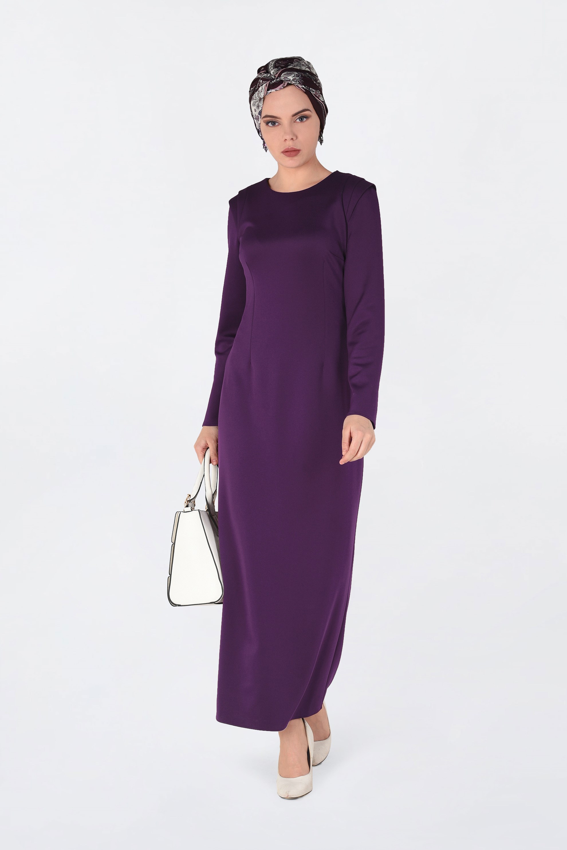 Tesettür giyim MÜRDÜM DÜZ KESİM DALGIÇ KUMAŞ ELBİSE  4785