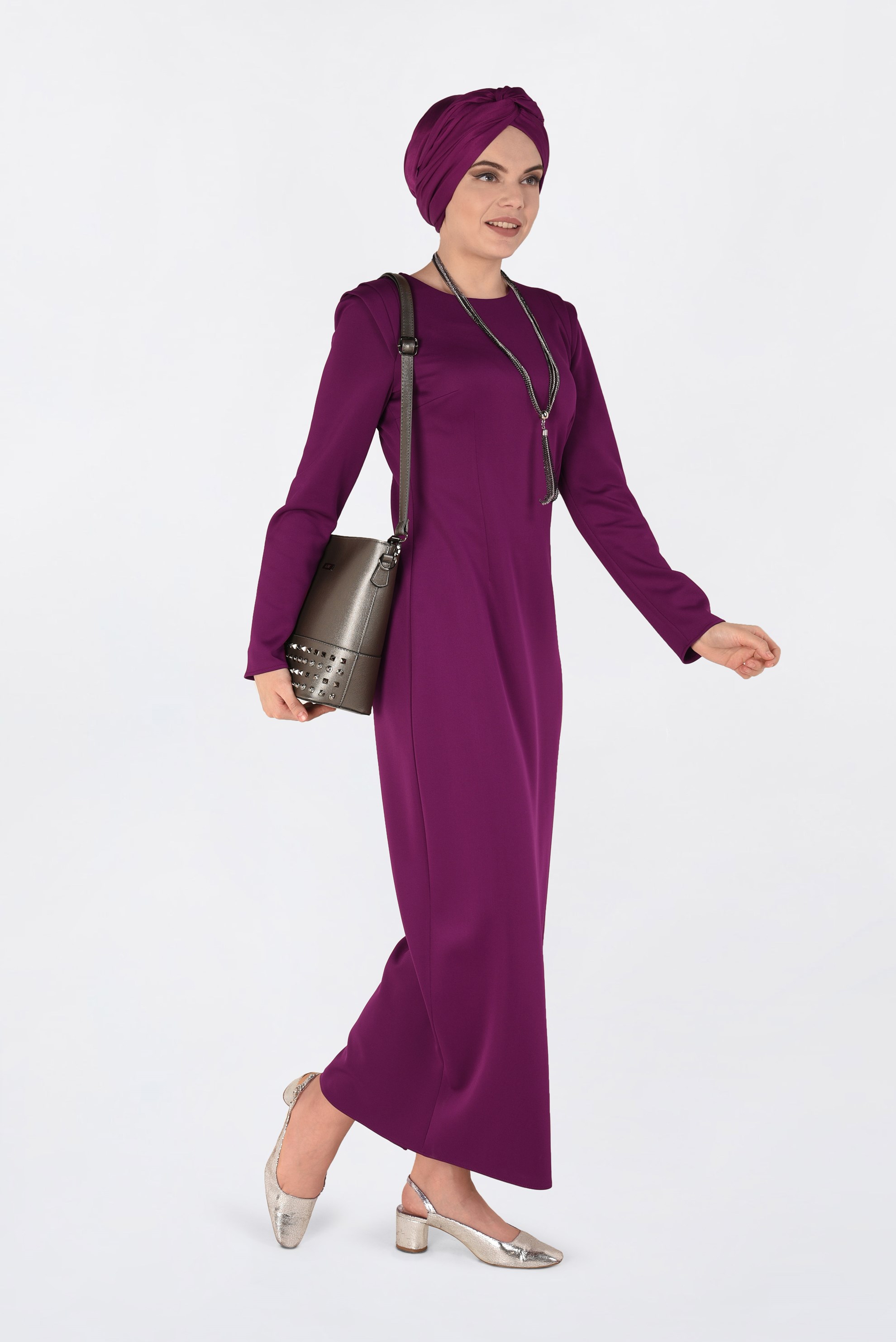 Tesettür giyim MOR DÜZ KESİM DALGIÇ KUMAŞ ELBİSE  4785