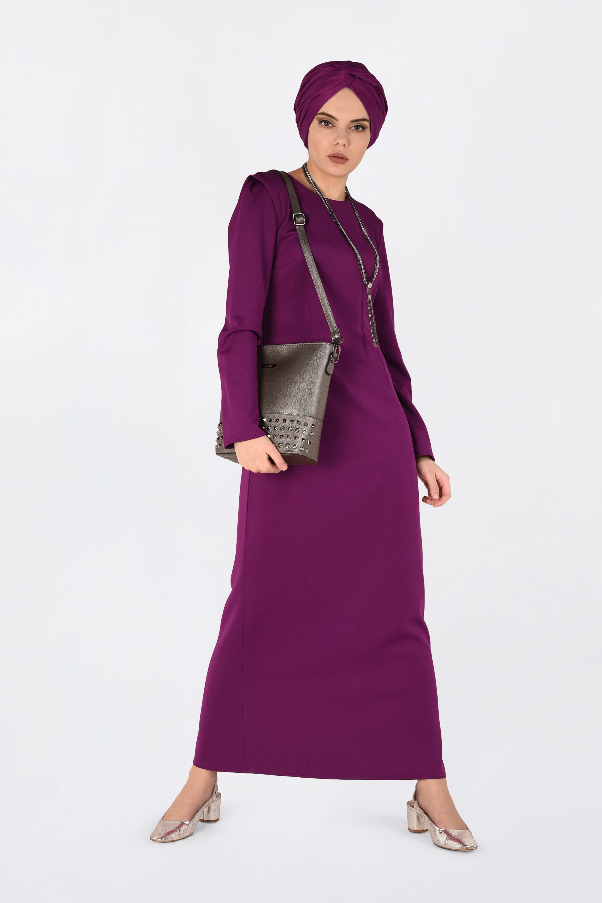 Tesettür giyim MOR DÜZ KESİM DALGIÇ KUMAŞ ELBİSE  4785