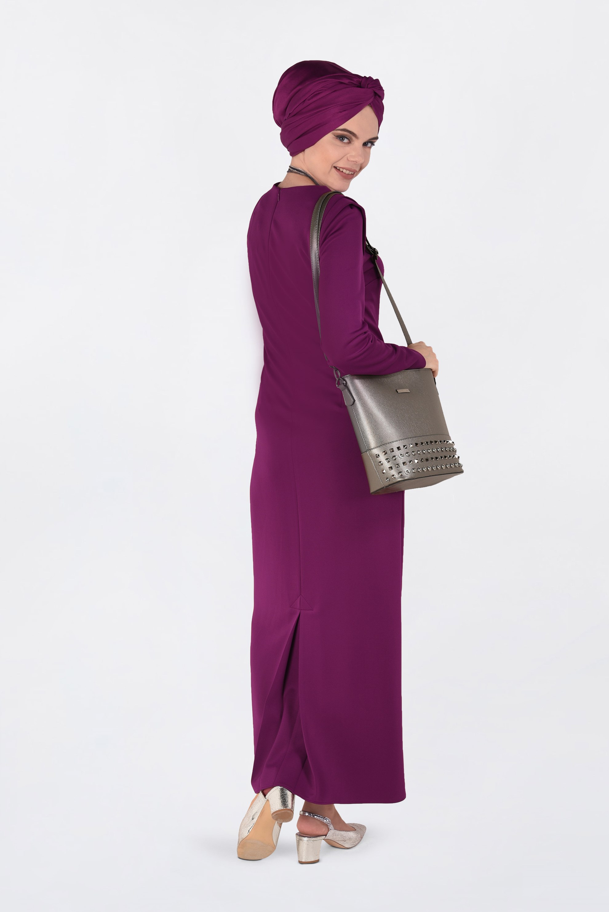 Tesettür giyim MOR DÜZ KESİM DALGIÇ KUMAŞ ELBİSE  4785