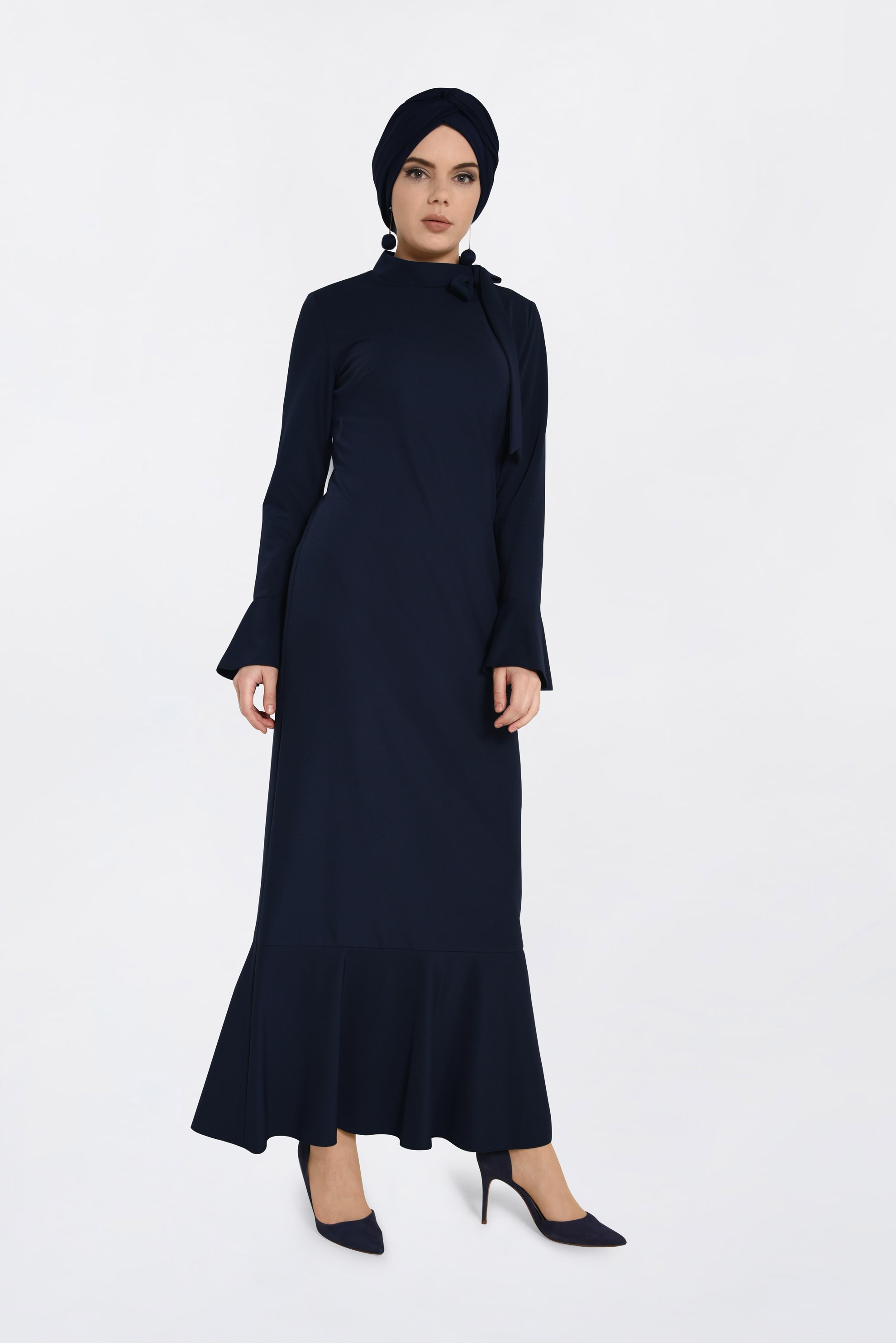 Tesettür giyim LACİVERT YAKASI BAĞCIKLI VOLANLI ELBİSE 4786