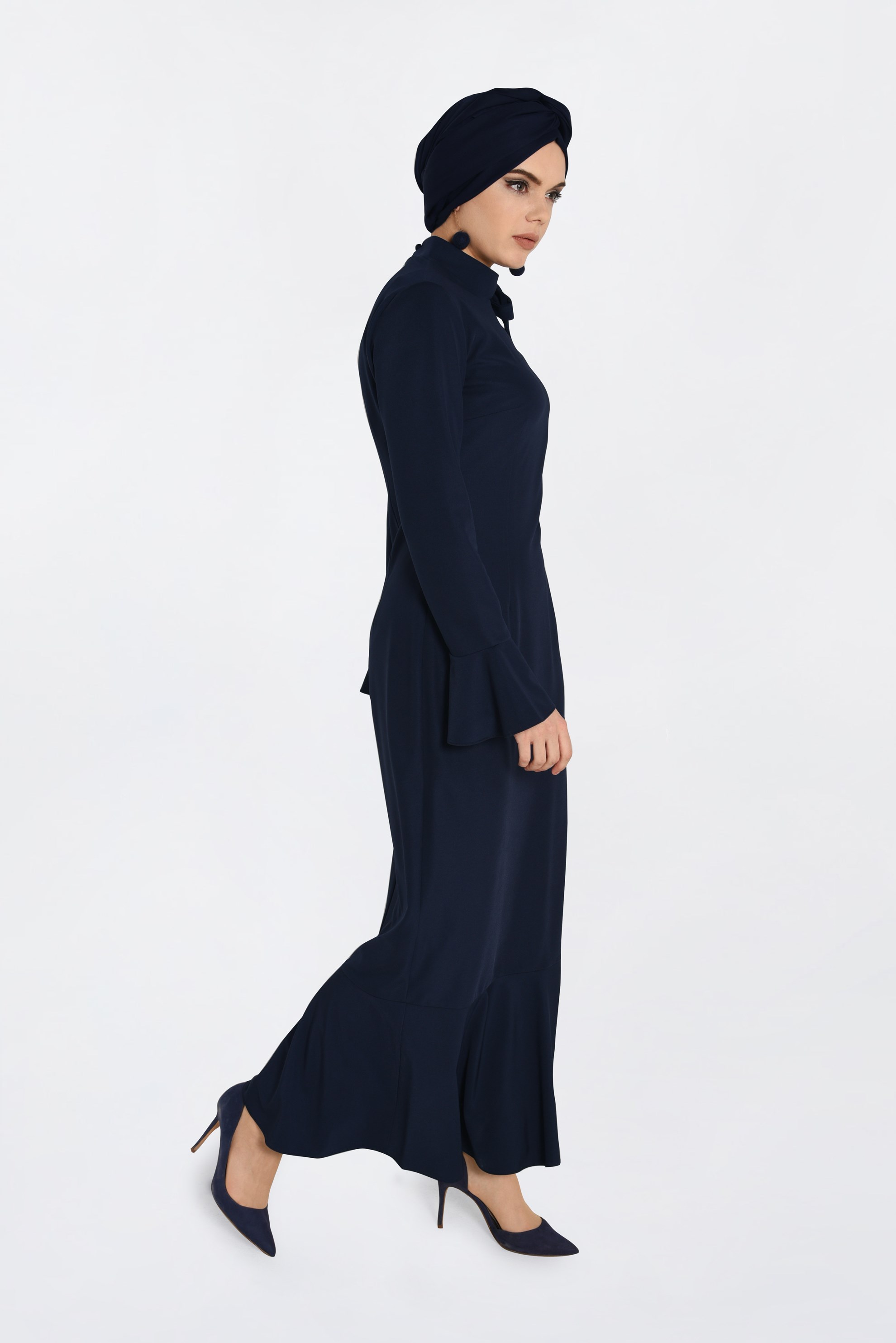 Tesettür giyim LACİVERT YAKASI BAĞCIKLI VOLANLI ELBİSE 4786