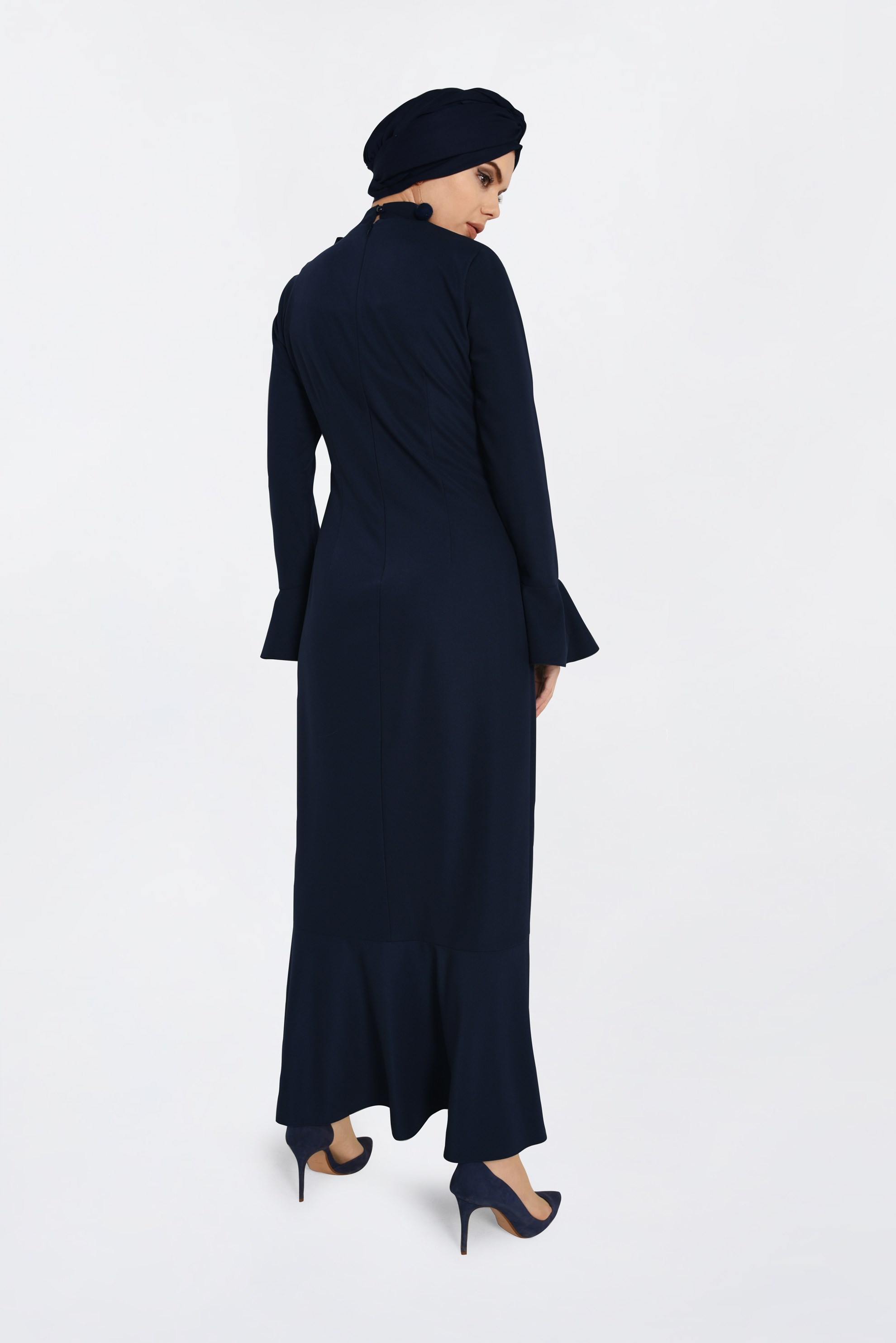 Tesettür giyim LACİVERT YAKASI BAĞCIKLI VOLANLI ELBİSE 4786