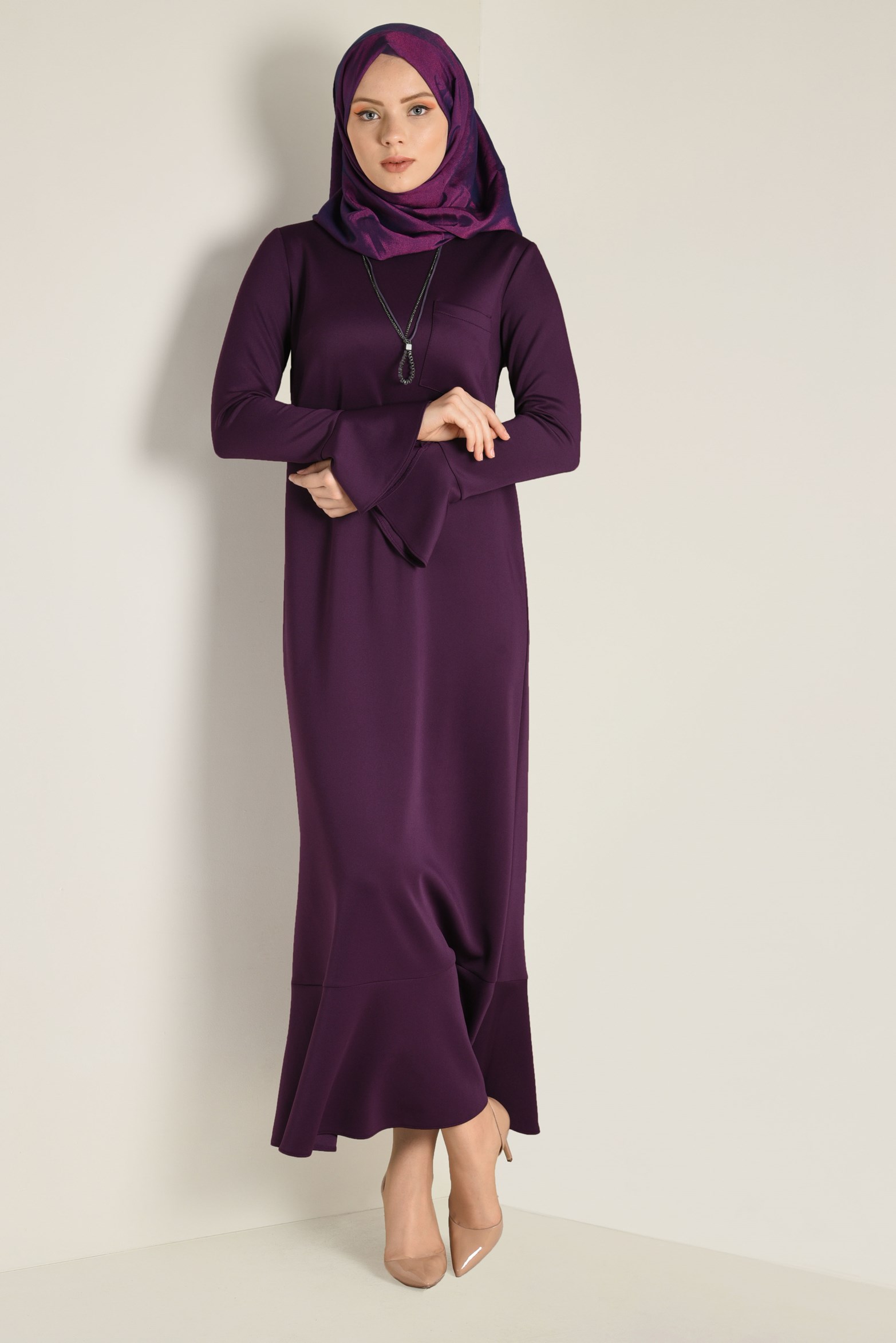 Tesettür giyim MOR KOLLARI VE ETEK UCU VOLANLI ELBİSE 4805