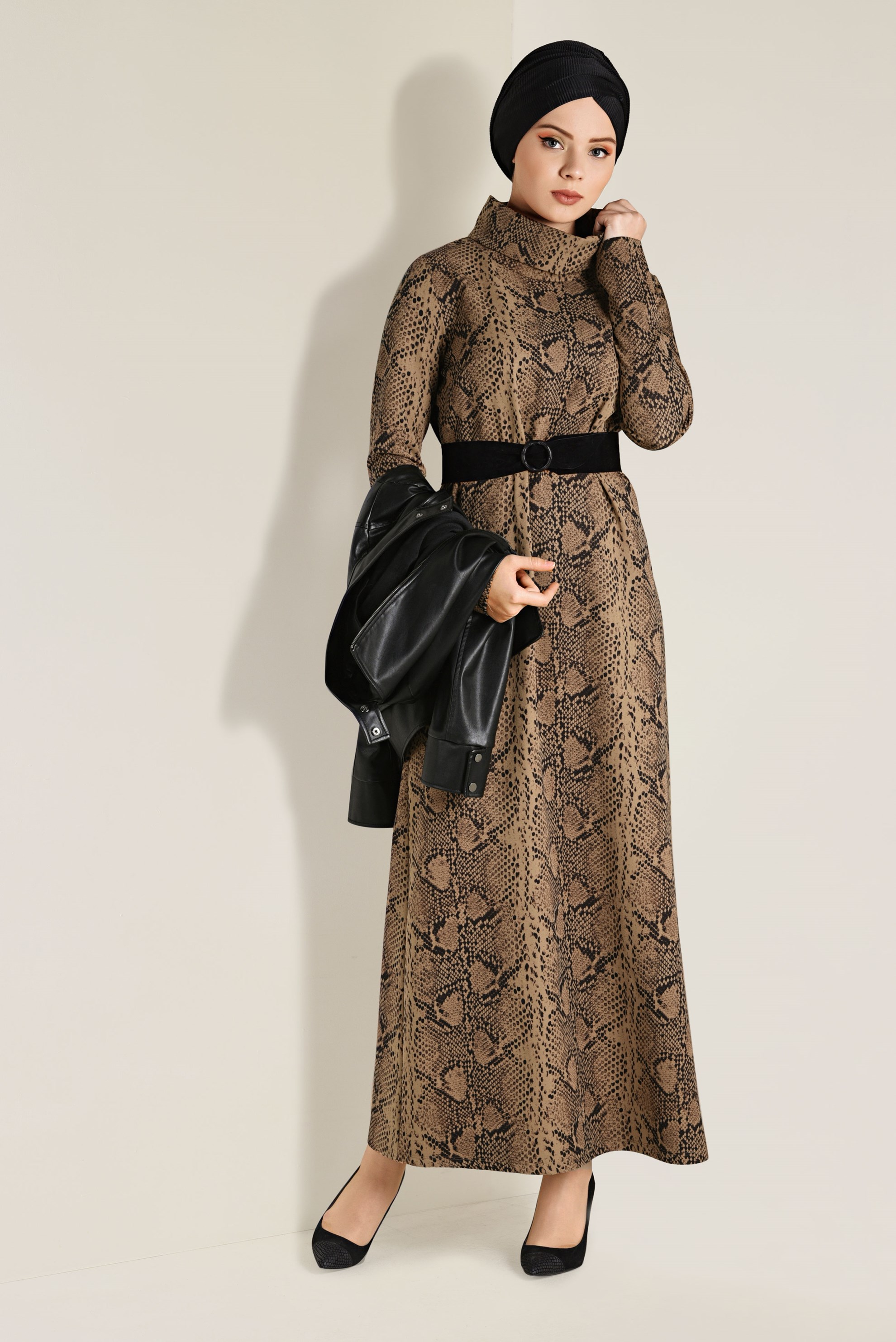 Tesettür giyim KAHVE DESENLİ ELBİSE 4812 