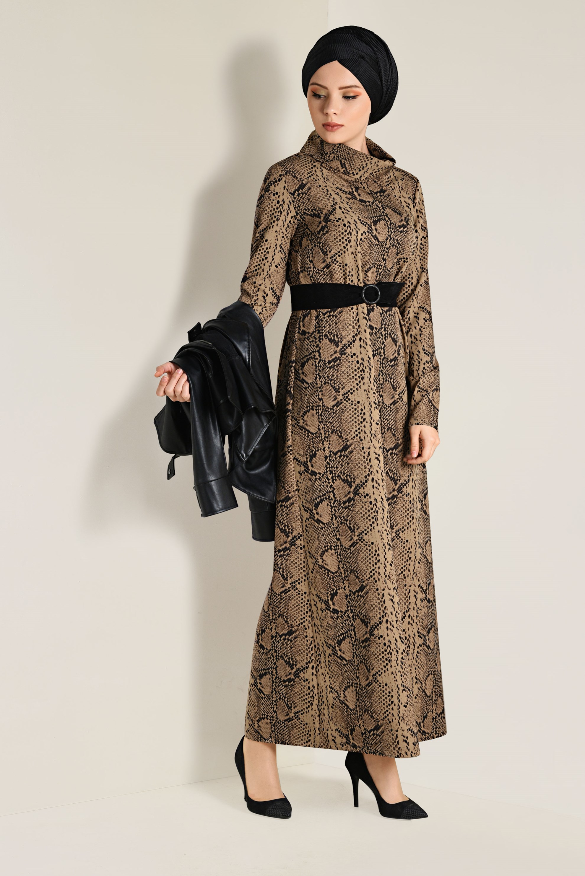 Tesettür giyim KAHVE DESENLİ ELBİSE 4812 