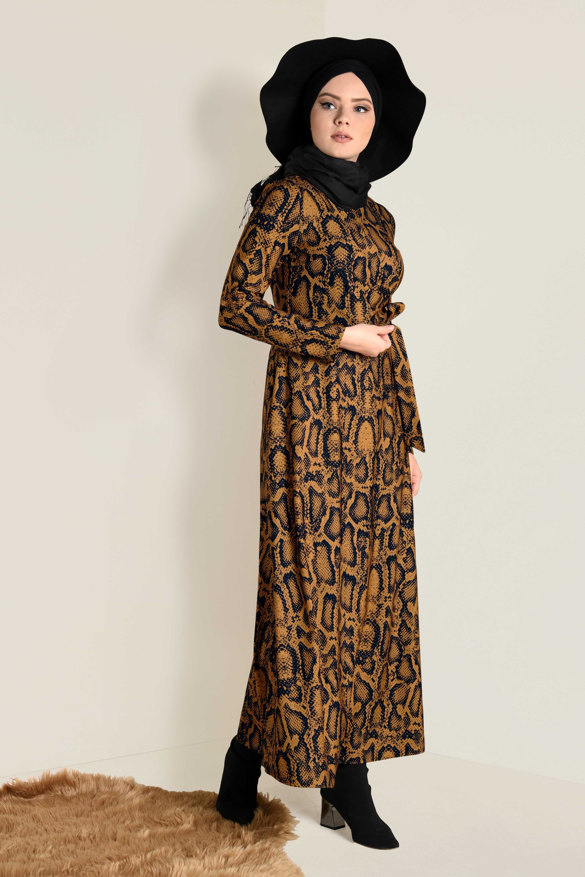 Tesettür giyim KAHVE YILAN DERİSİ DESENLİ ELBİSE 4814