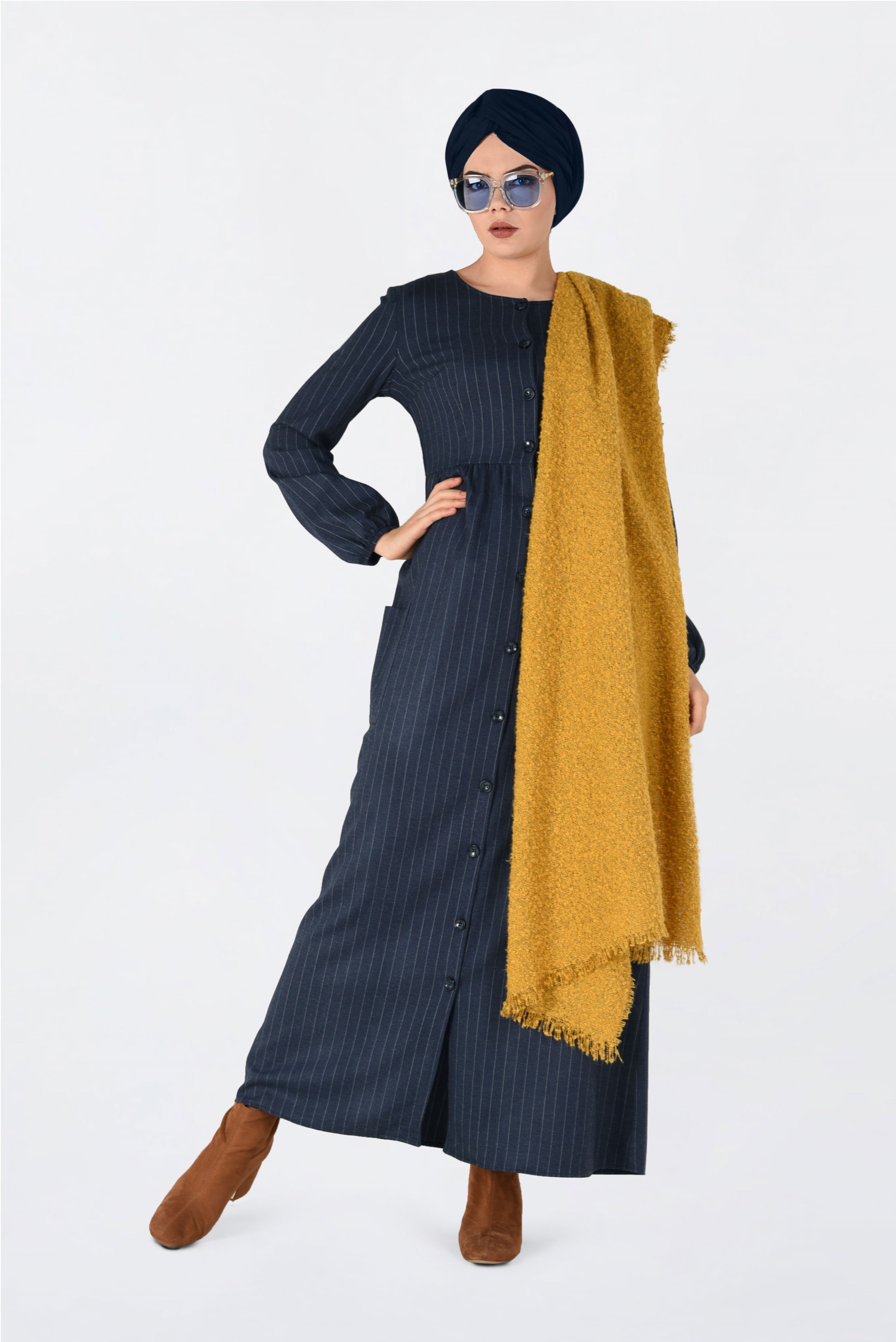 Tesettür giyim LACİVERT KOLLARI BÜZGÜLÜ ÇİZGİLİ ELBİSE 4815