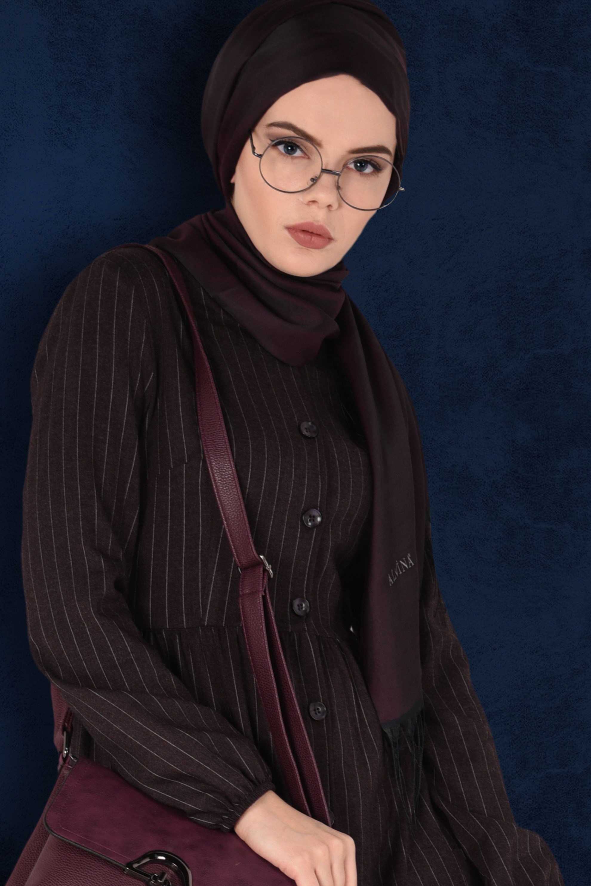 Tesettür giyim MÜRDÜM KOLLARI BÜZGÜLÜ ÇİZGİLİ ELBİSE 4815