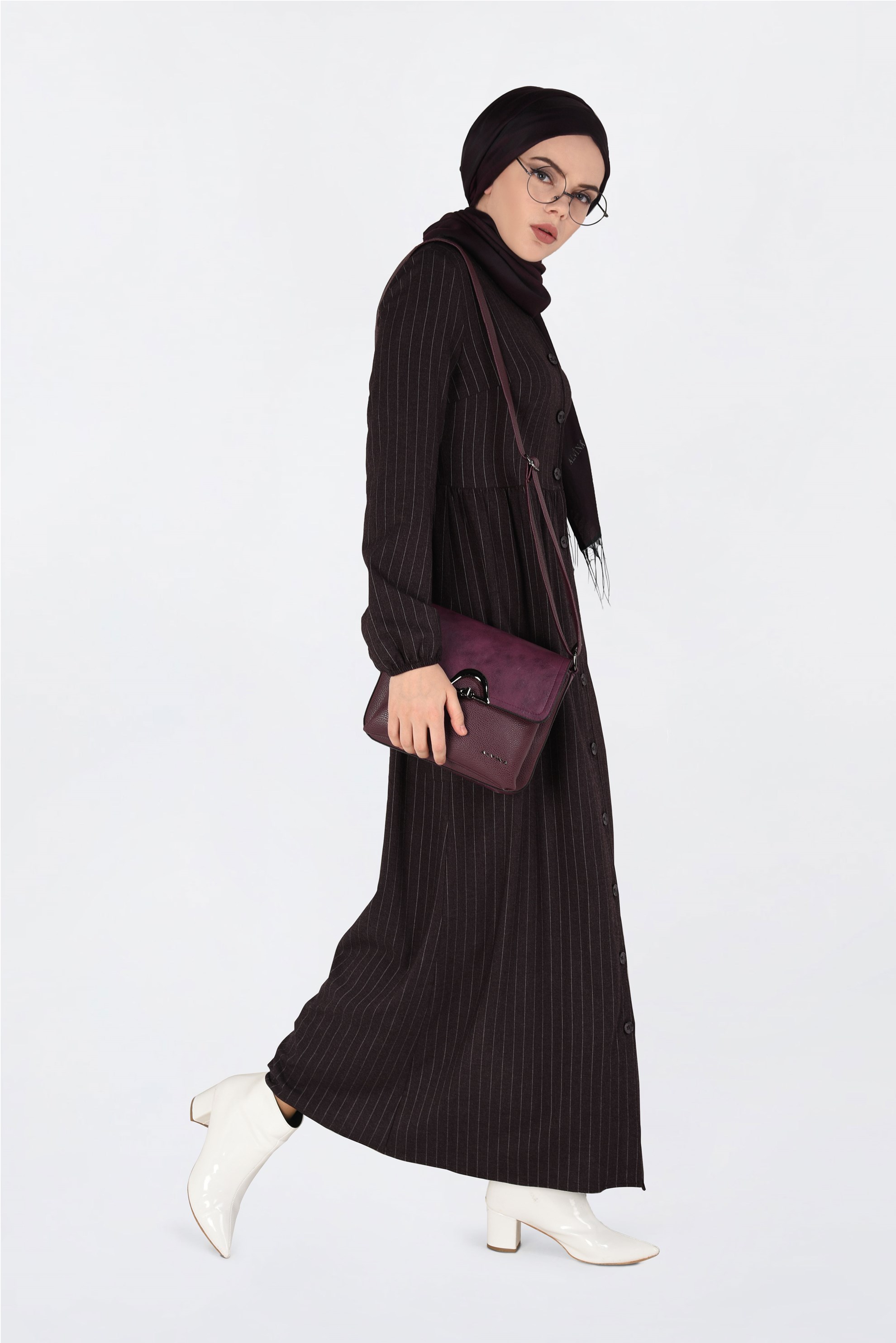 Tesettür giyim MÜRDÜM KOLLARI BÜZGÜLÜ ÇİZGİLİ ELBİSE 4815