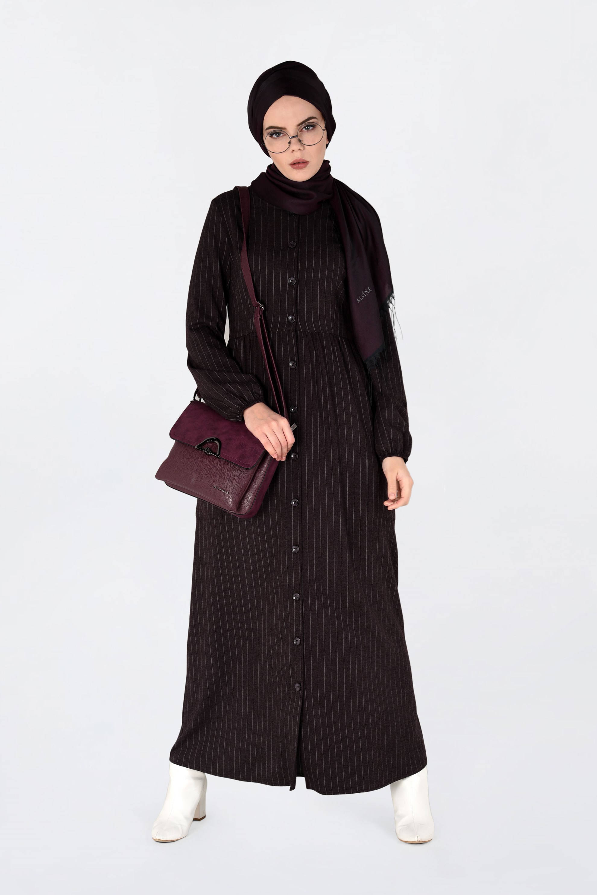 Tesettür giyim MÜRDÜM KOLLARI BÜZGÜLÜ ÇİZGİLİ ELBİSE 4815