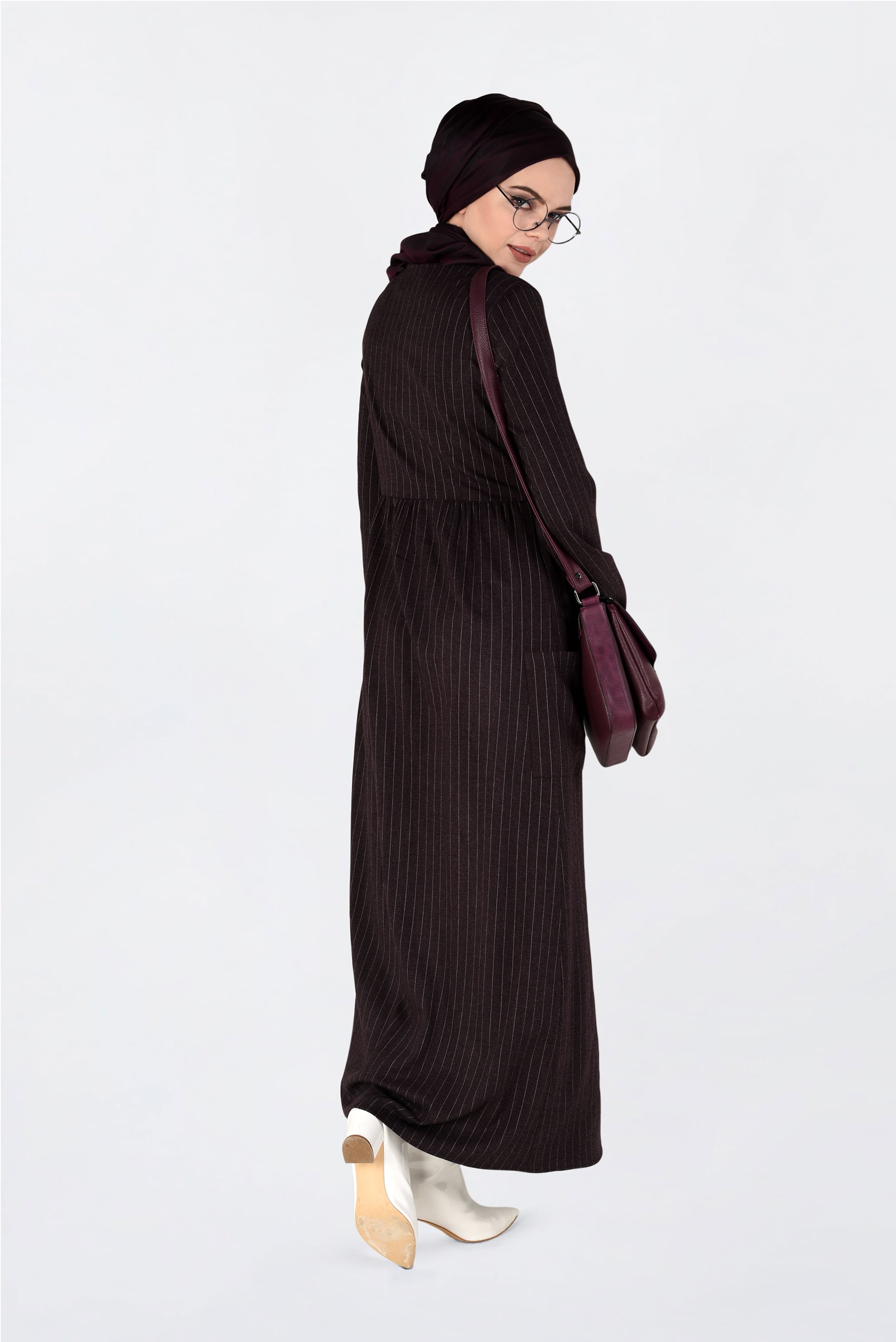 Tesettür giyim MÜRDÜM KOLLARI BÜZGÜLÜ ÇİZGİLİ ELBİSE 4815