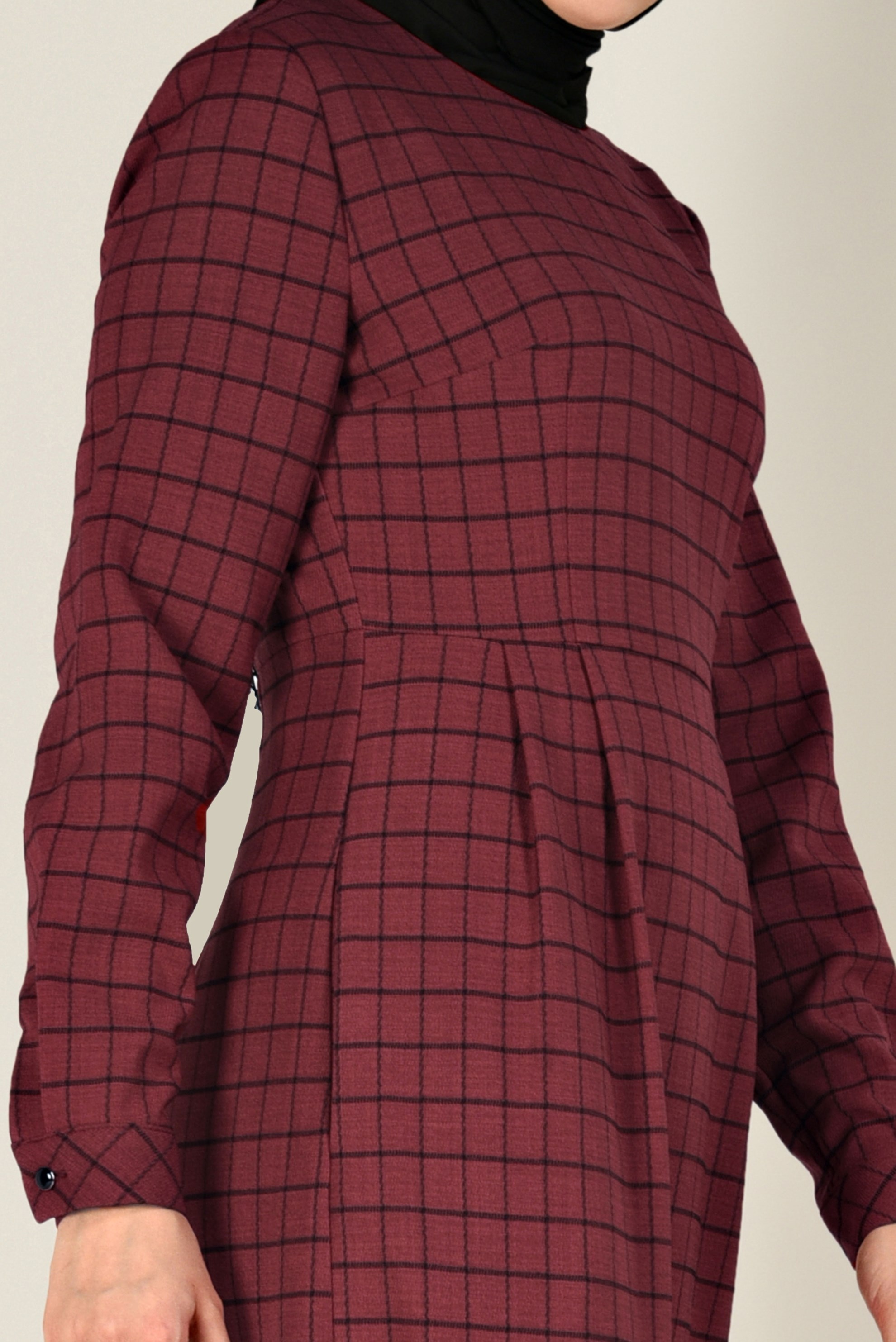 Tesettür giyim KIRMIZI KARE DESENLİ CEPLİ ELBİSE 4832