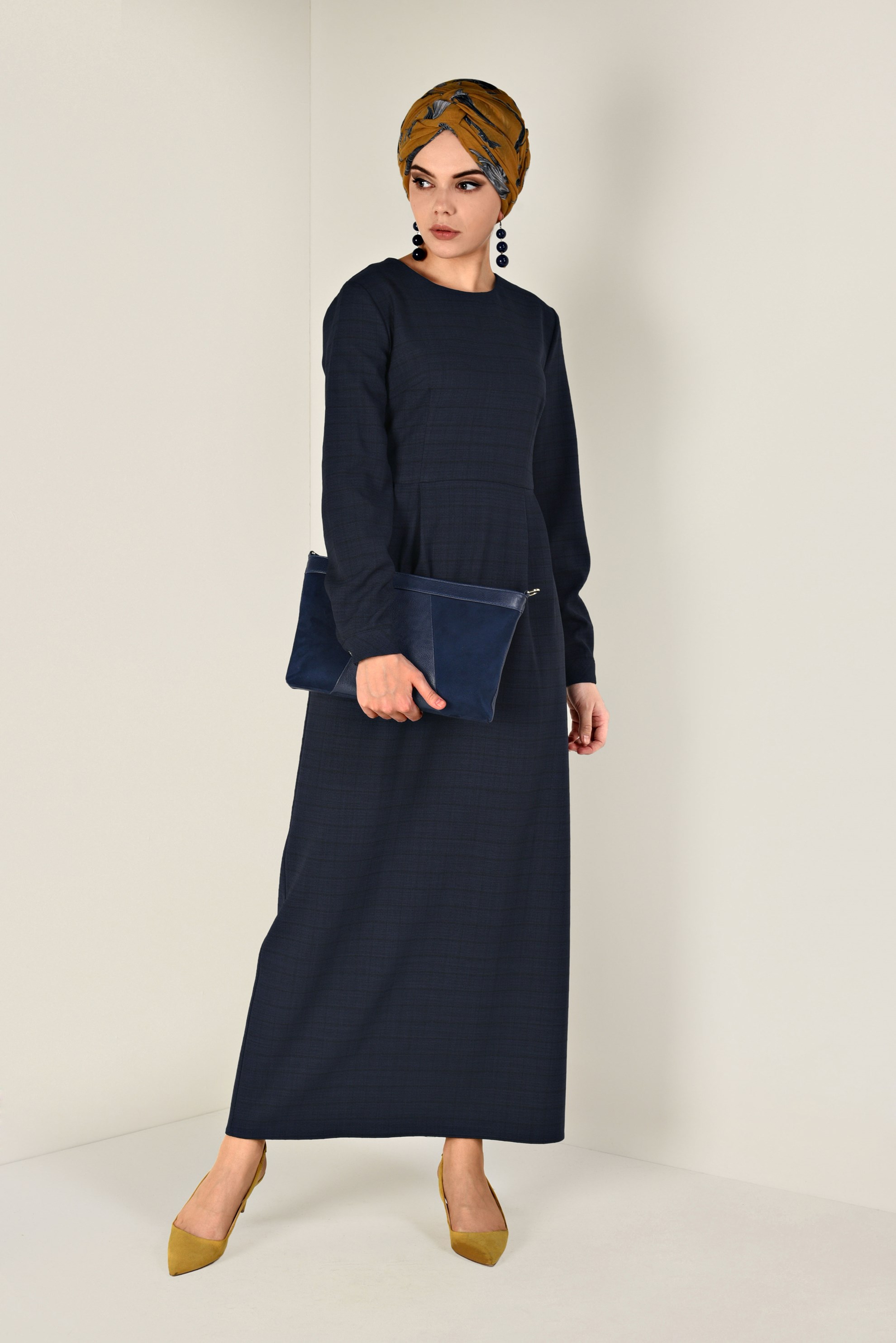 Tesettür giyim LACİVERT KARE DESENLİ CEPLİ ELBİSE 4832