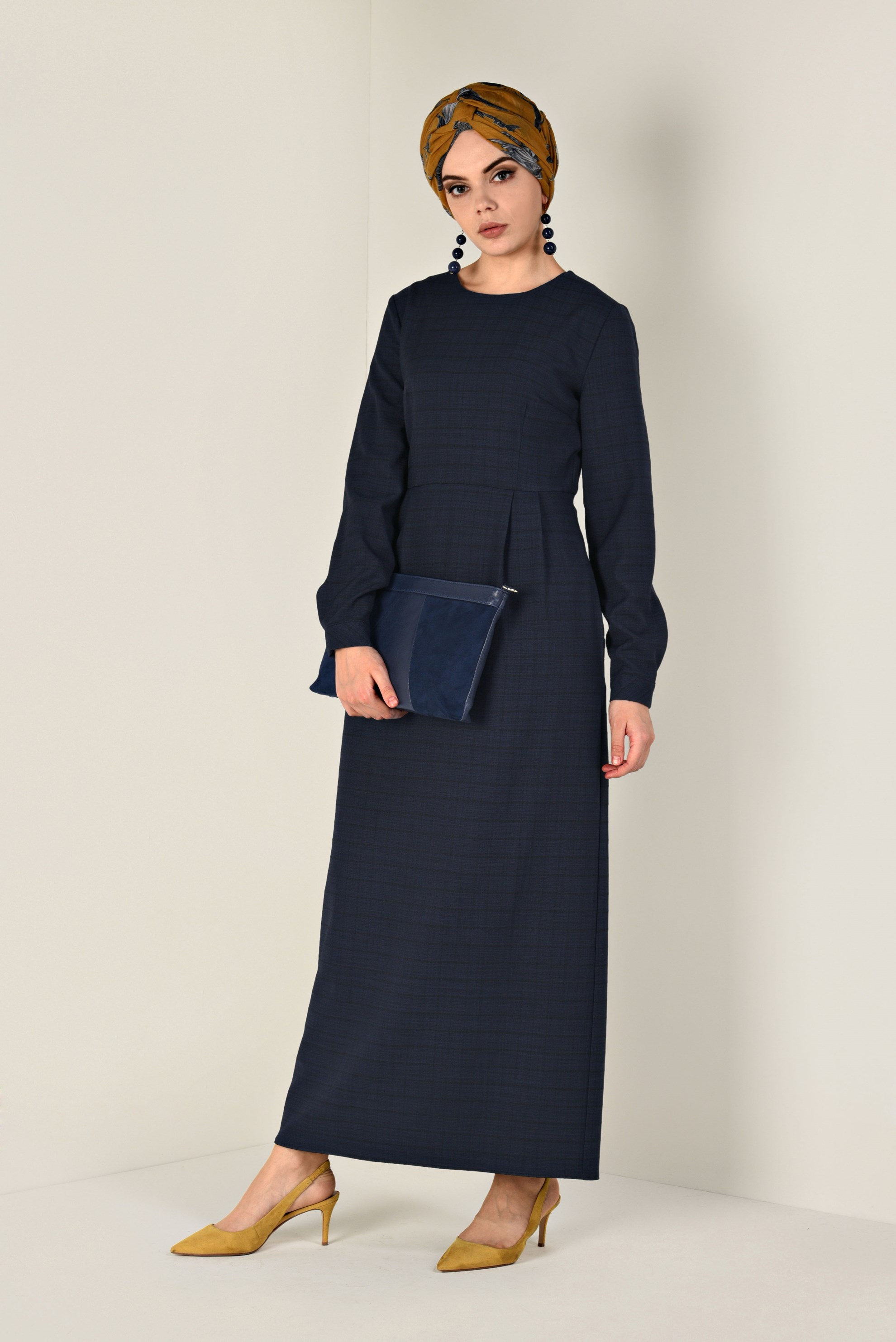 Tesettür giyim LACİVERT KARE DESENLİ CEPLİ ELBİSE 4832