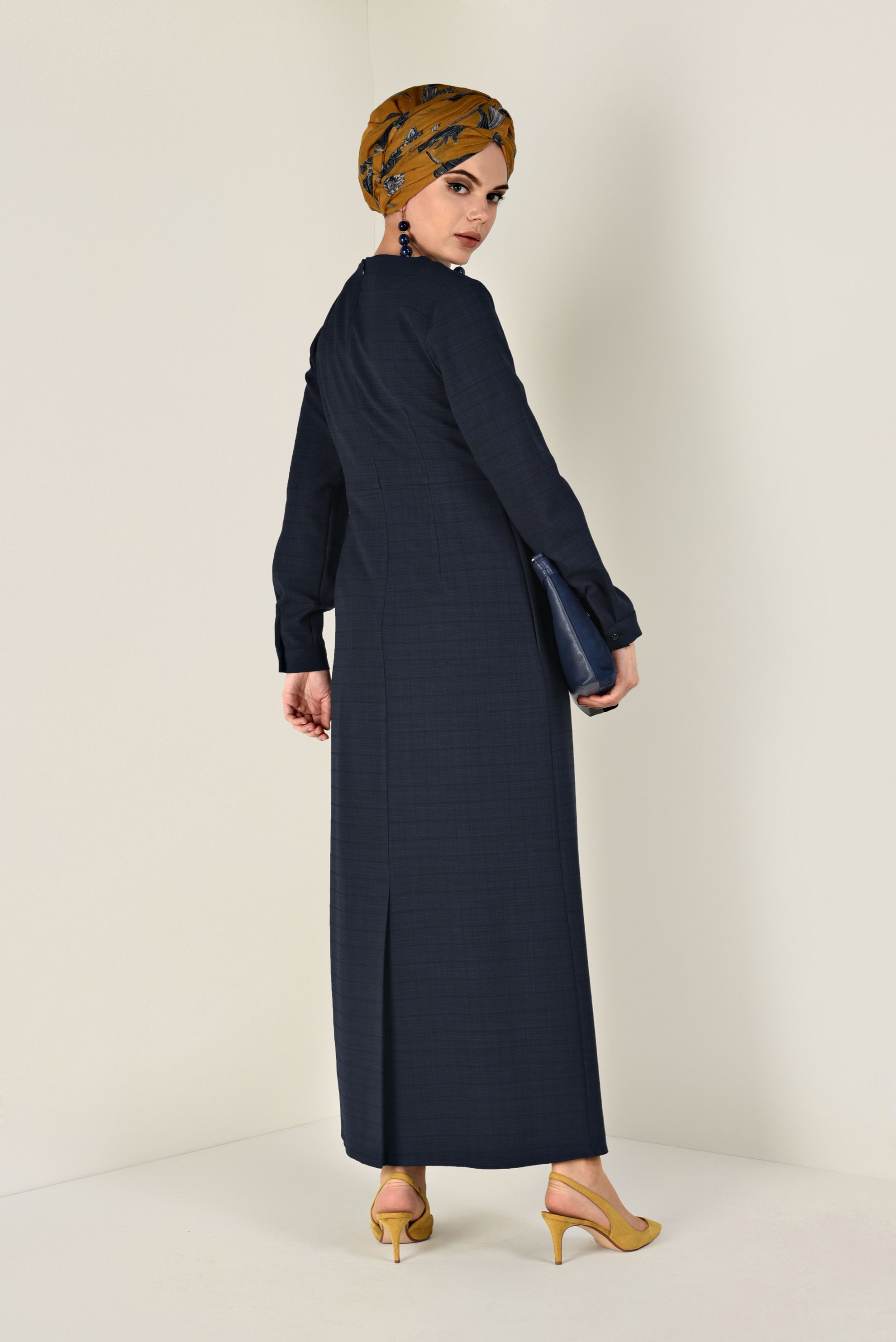 Tesettür giyim LACİVERT KARE DESENLİ CEPLİ ELBİSE 4832