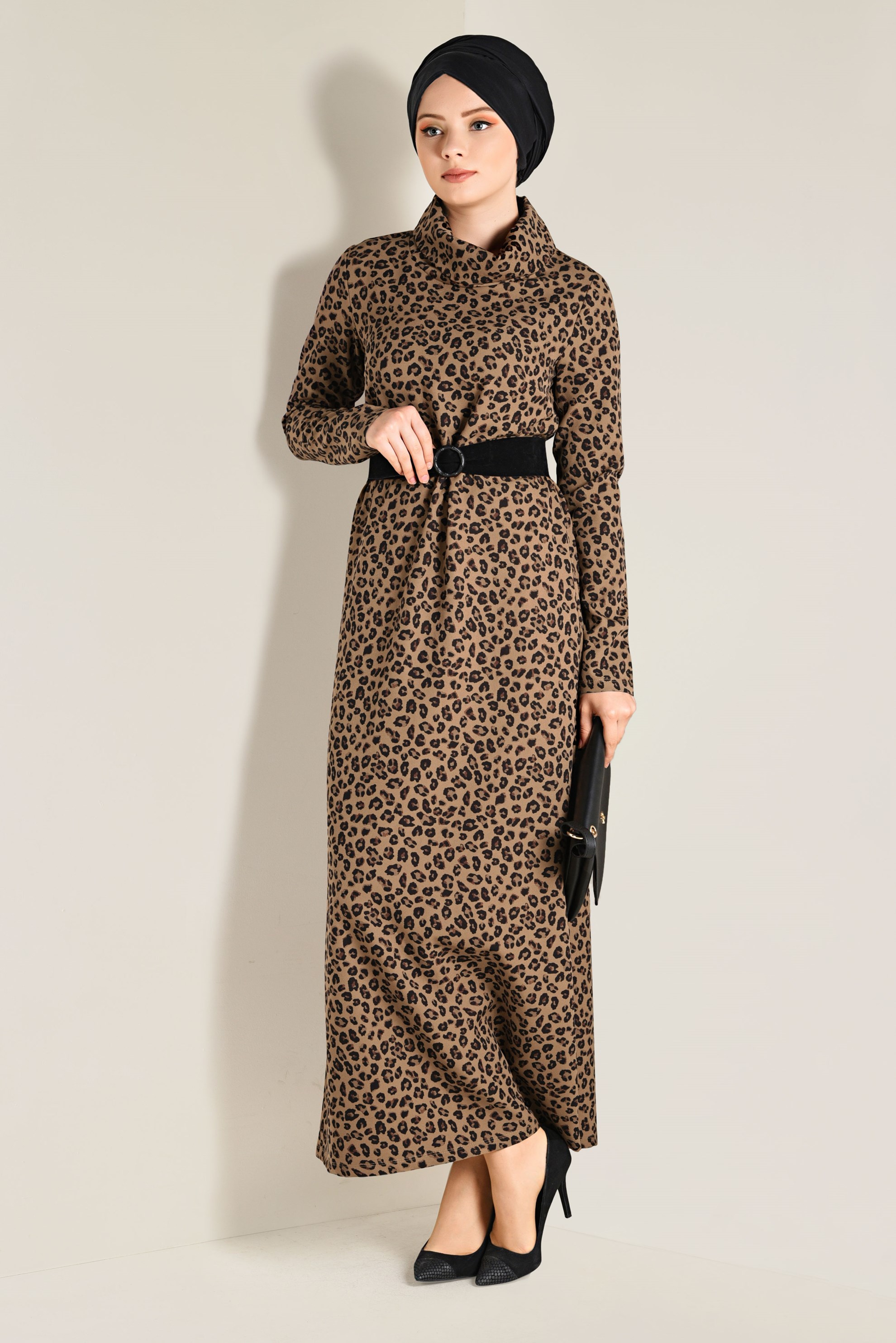 Tesettür giyim KAHVE LEOPAR DESENLİ ELBİSE 4812-1 