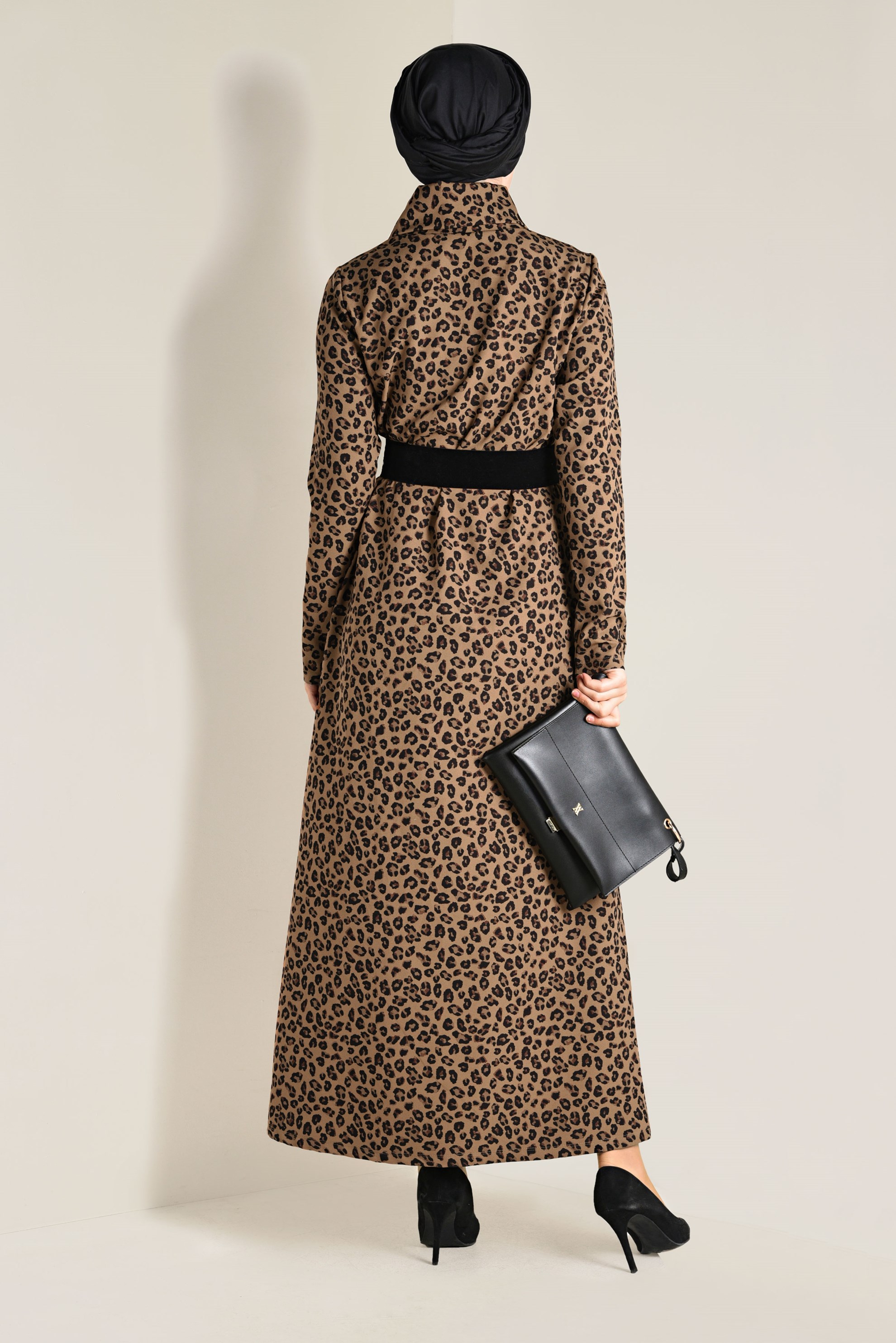 Tesettür giyim KAHVE LEOPAR DESENLİ ELBİSE 4812-1 