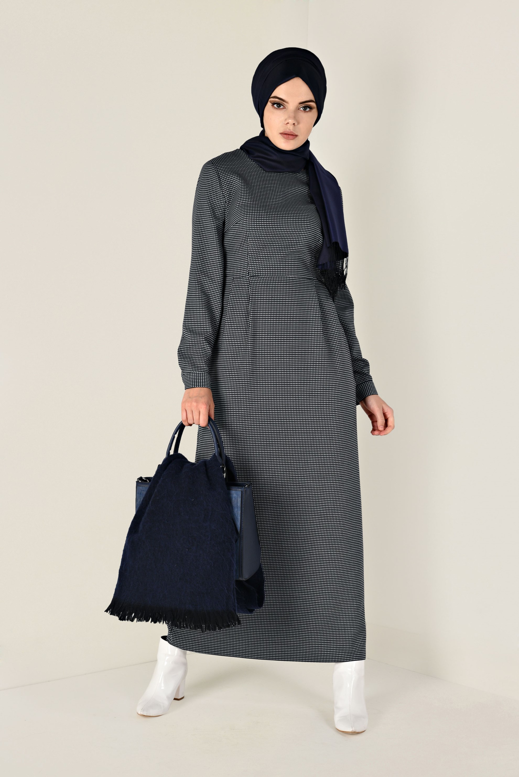 Tesettür giyim LACİVERT PÖTİKARE ELBİSE 4833-1 