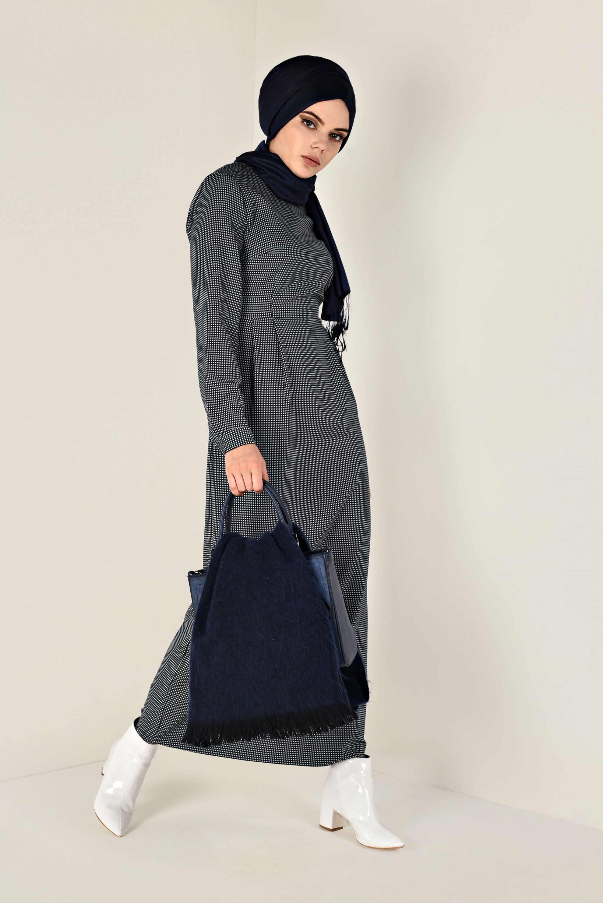 Tesettür giyim LACİVERT PÖTİKARE ELBİSE 4833-1 