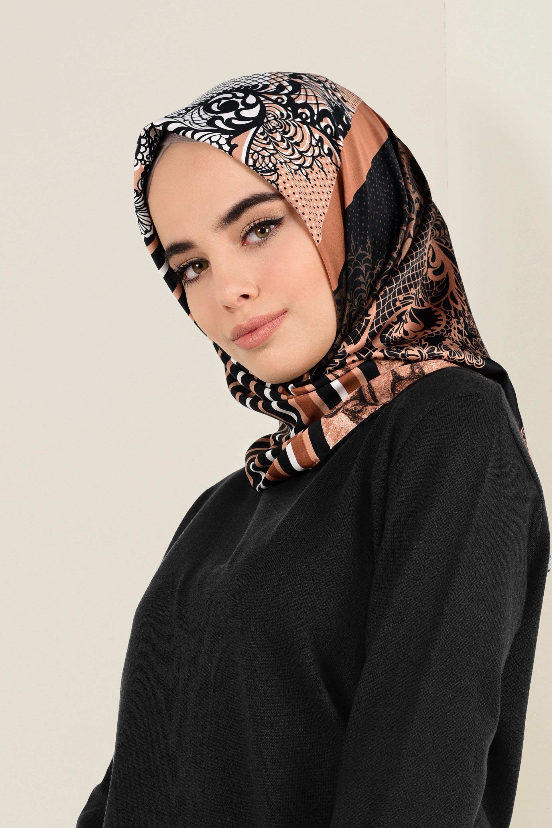 Tesettür giyim TABA ALVİNA DESENLİ EŞARP 4492-1