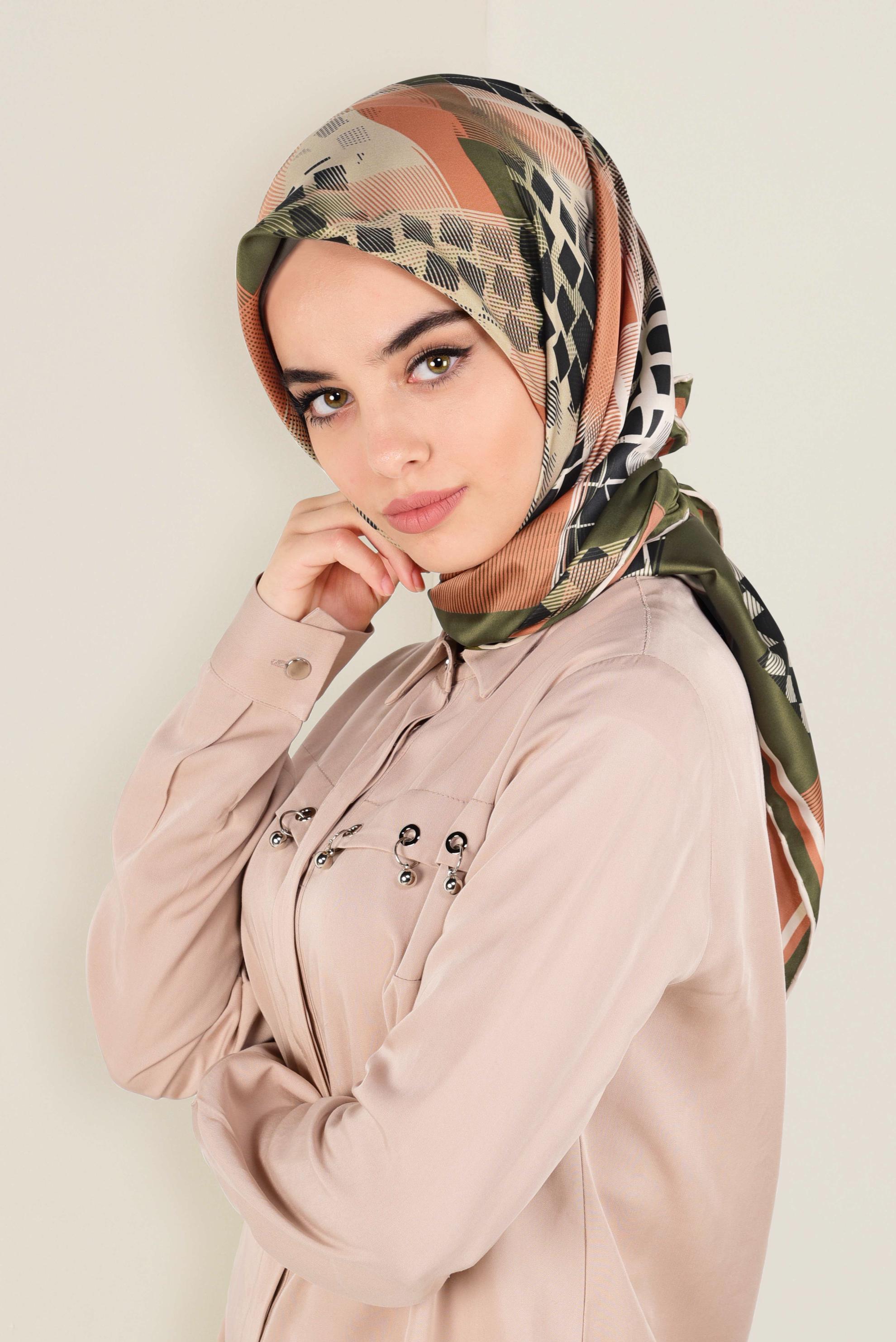 Tesettür giyim HAKİ 11412-1  ALVİNA DESENLİ EŞARP