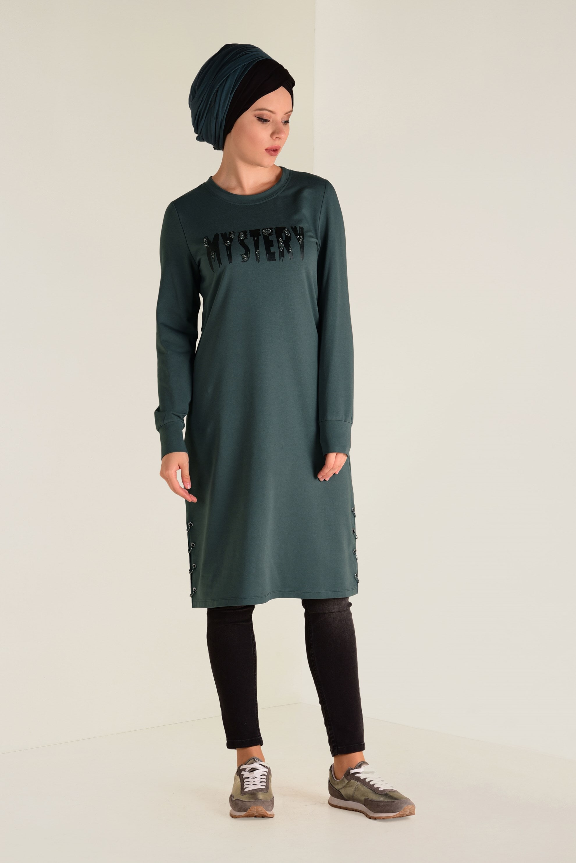 Tesettür giyim YEŞİL  TAŞ BASKILI EŞOFMAN TUNİK 4537 