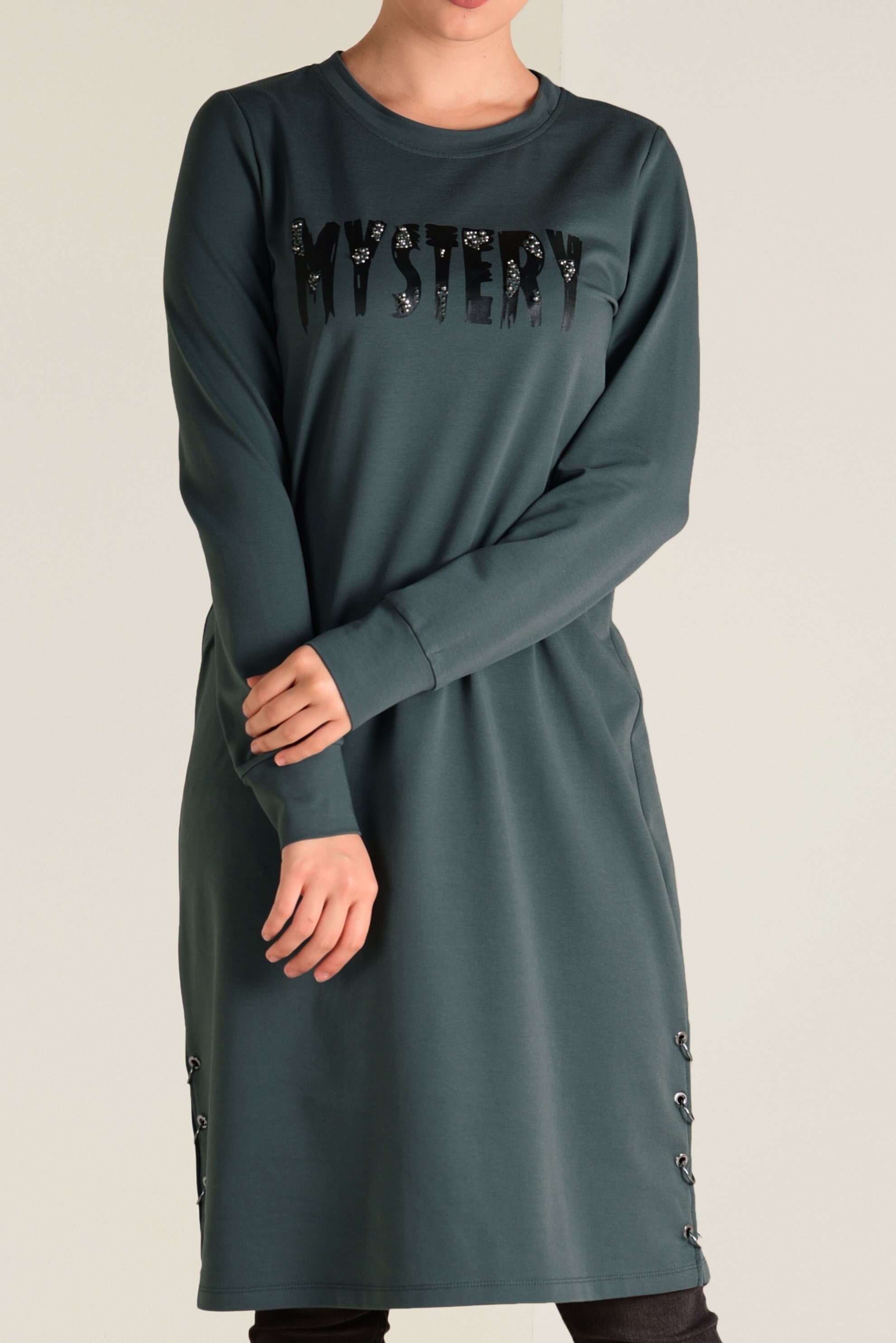 Tesettür giyim YEŞİL  TAŞ BASKILI EŞOFMAN TUNİK 4537 