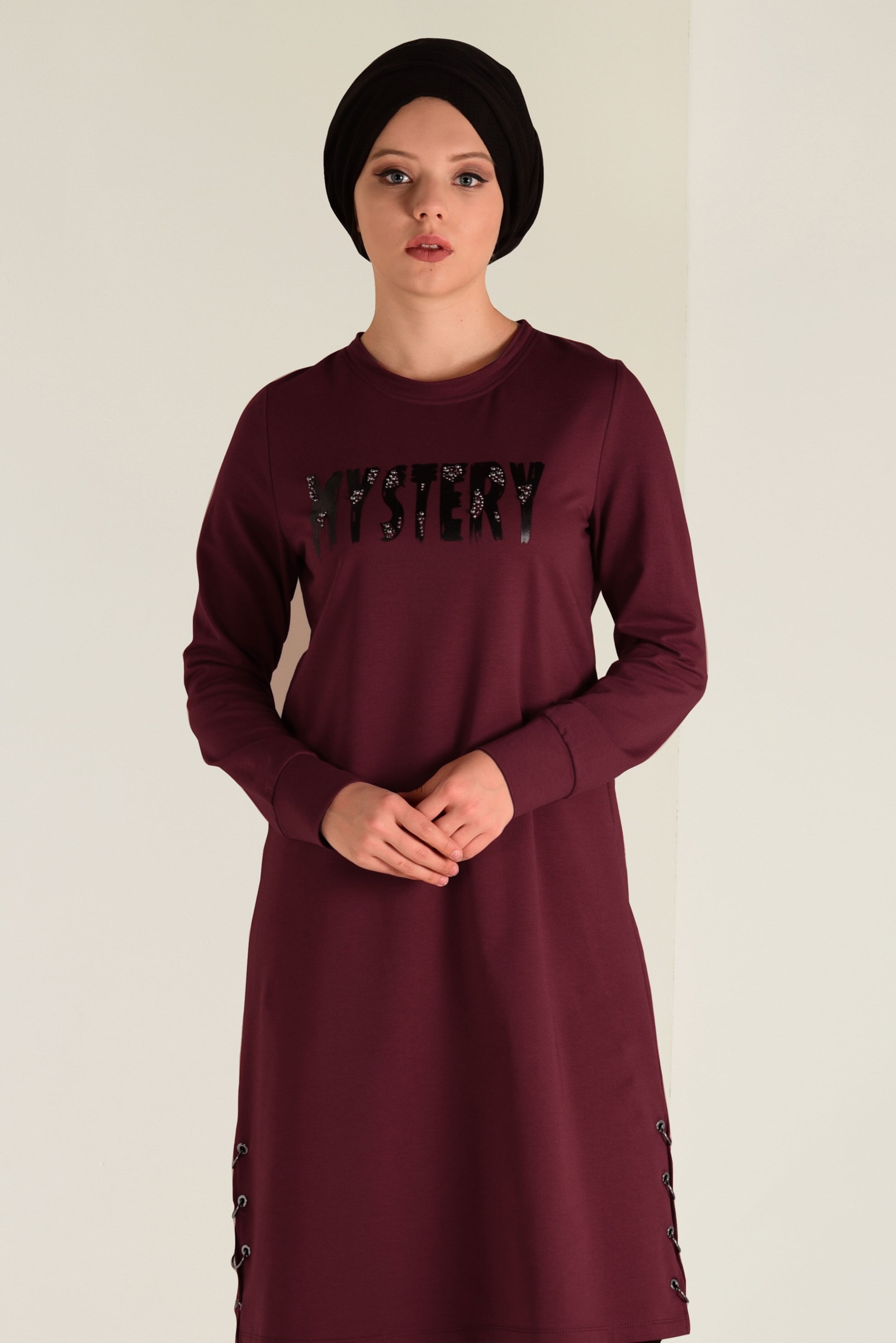 Tesettür giyim BORDO  TAŞ BASKILI EŞOFMAN TUNİK 4537 