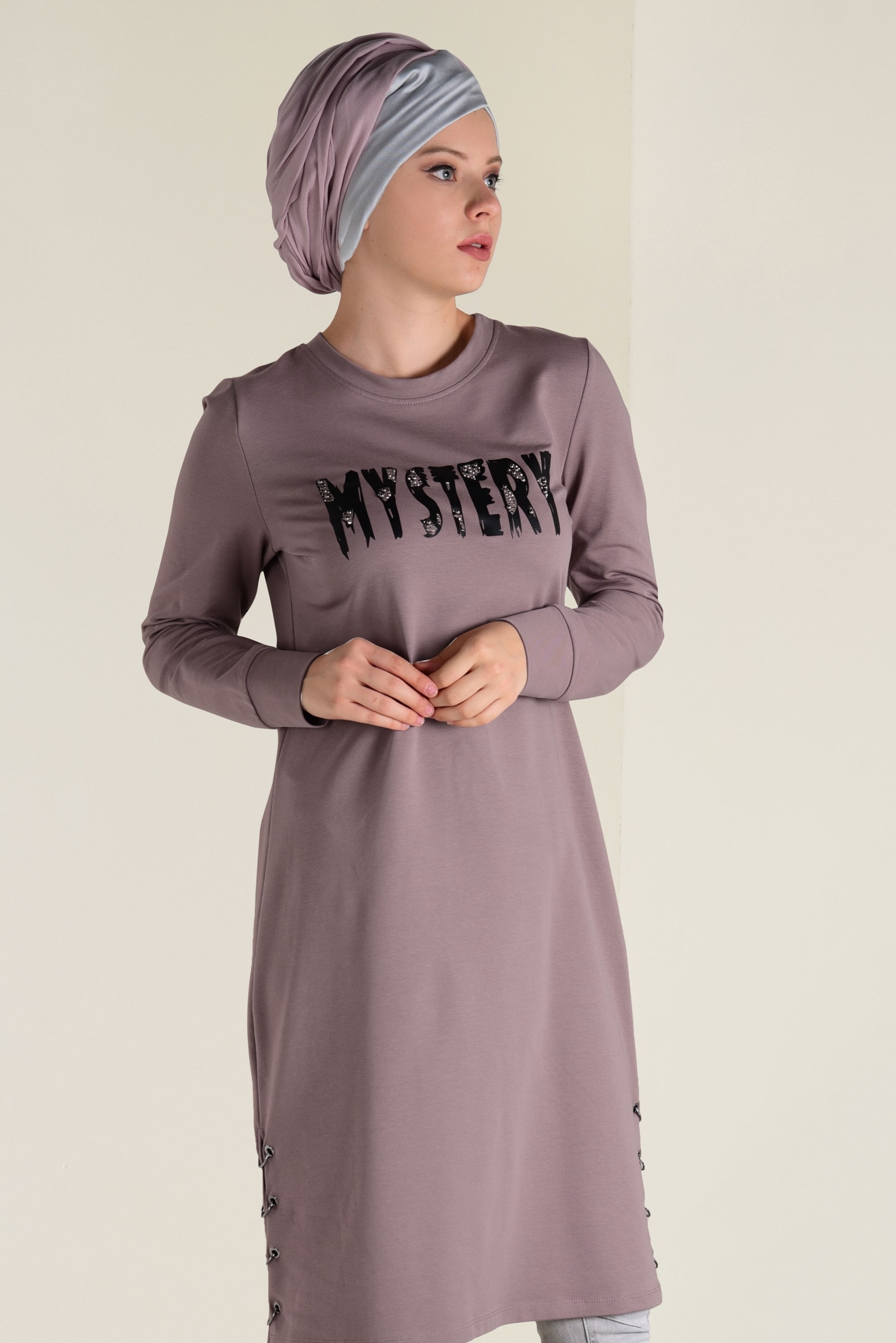 Tesettür giyim PUDRA  TAŞ BASKILI EŞOFMAN TUNİK 4537 