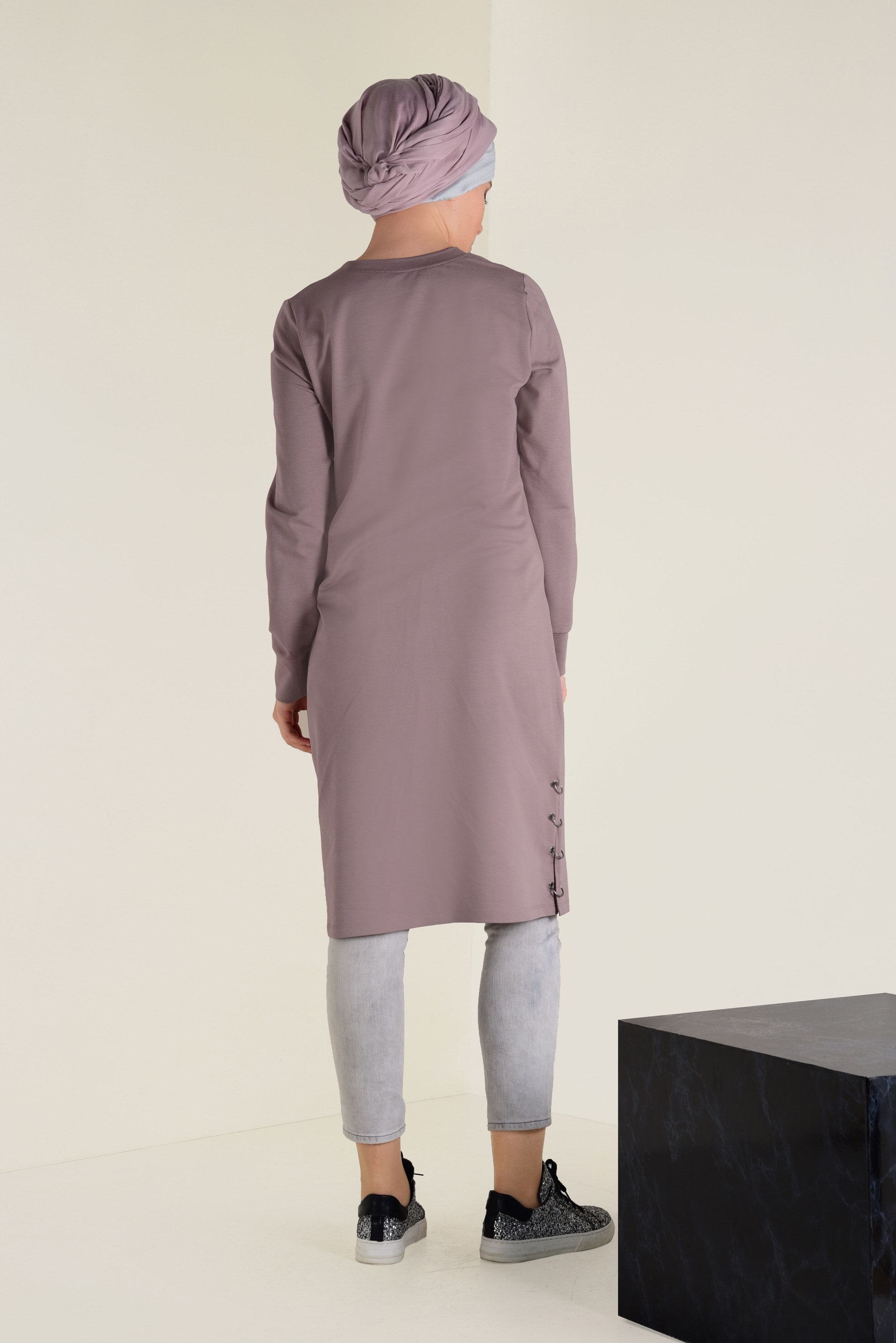 Tesettür giyim PUDRA  TAŞ BASKILI EŞOFMAN TUNİK 4537 