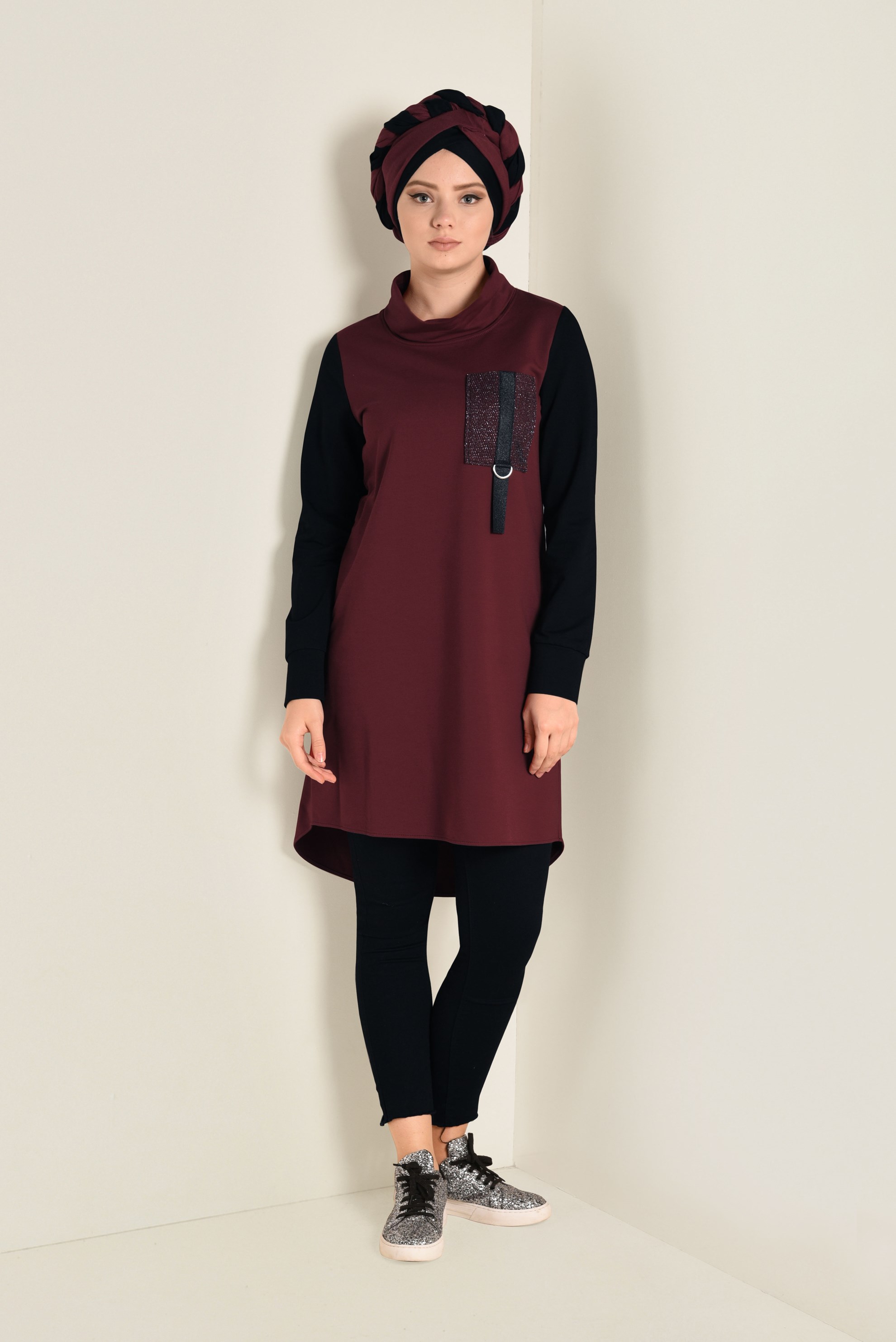 Tesettür giyim BORDO BALIKÇI YAKA EŞOFMAN TUNİK 4544