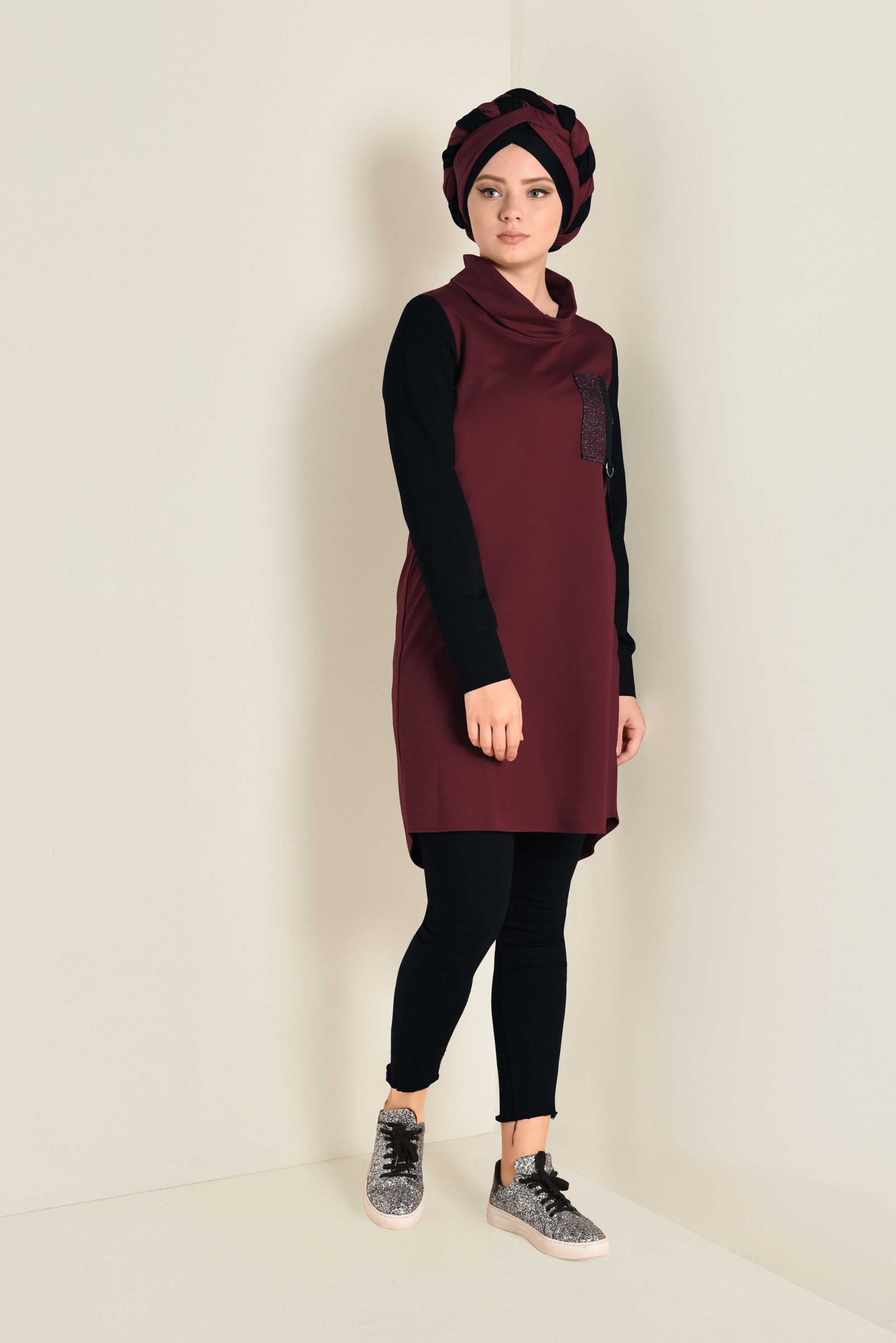 Tesettür giyim BORDO BALIKÇI YAKA EŞOFMAN TUNİK 4544