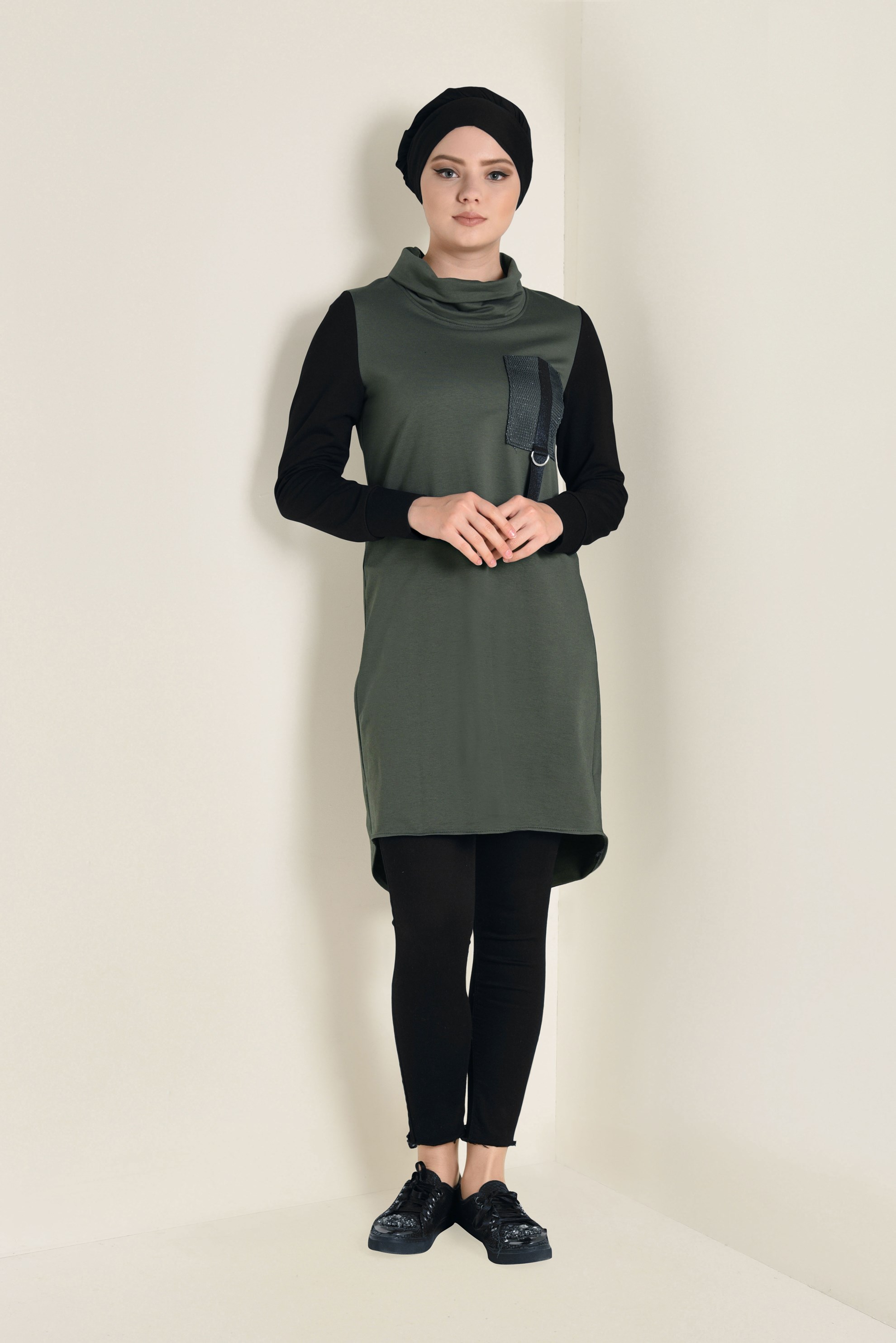 Tesettür giyim HAKİ BALIKÇI YAKA EŞOFMAN TUNİK 4544