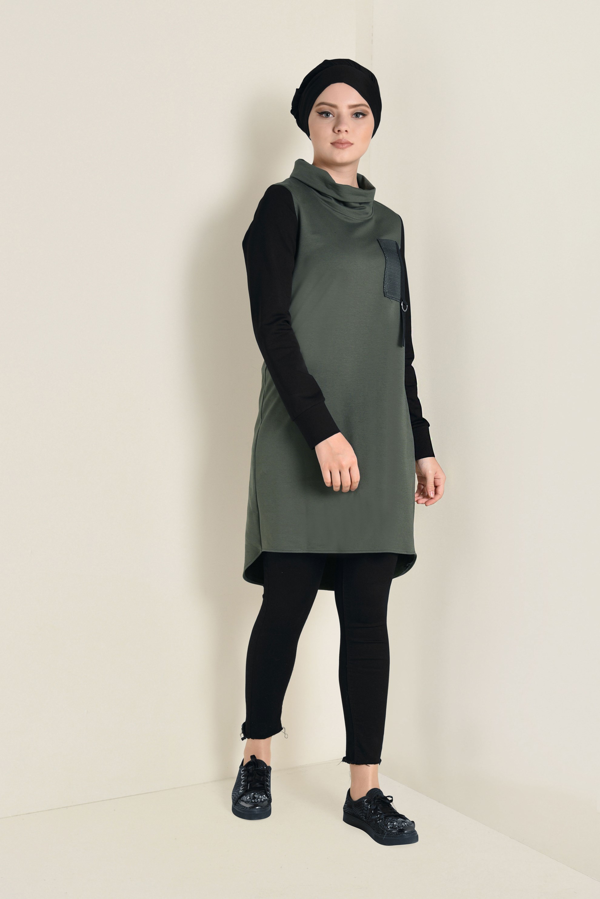 Tesettür giyim HAKİ BALIKÇI YAKA EŞOFMAN TUNİK 4544
