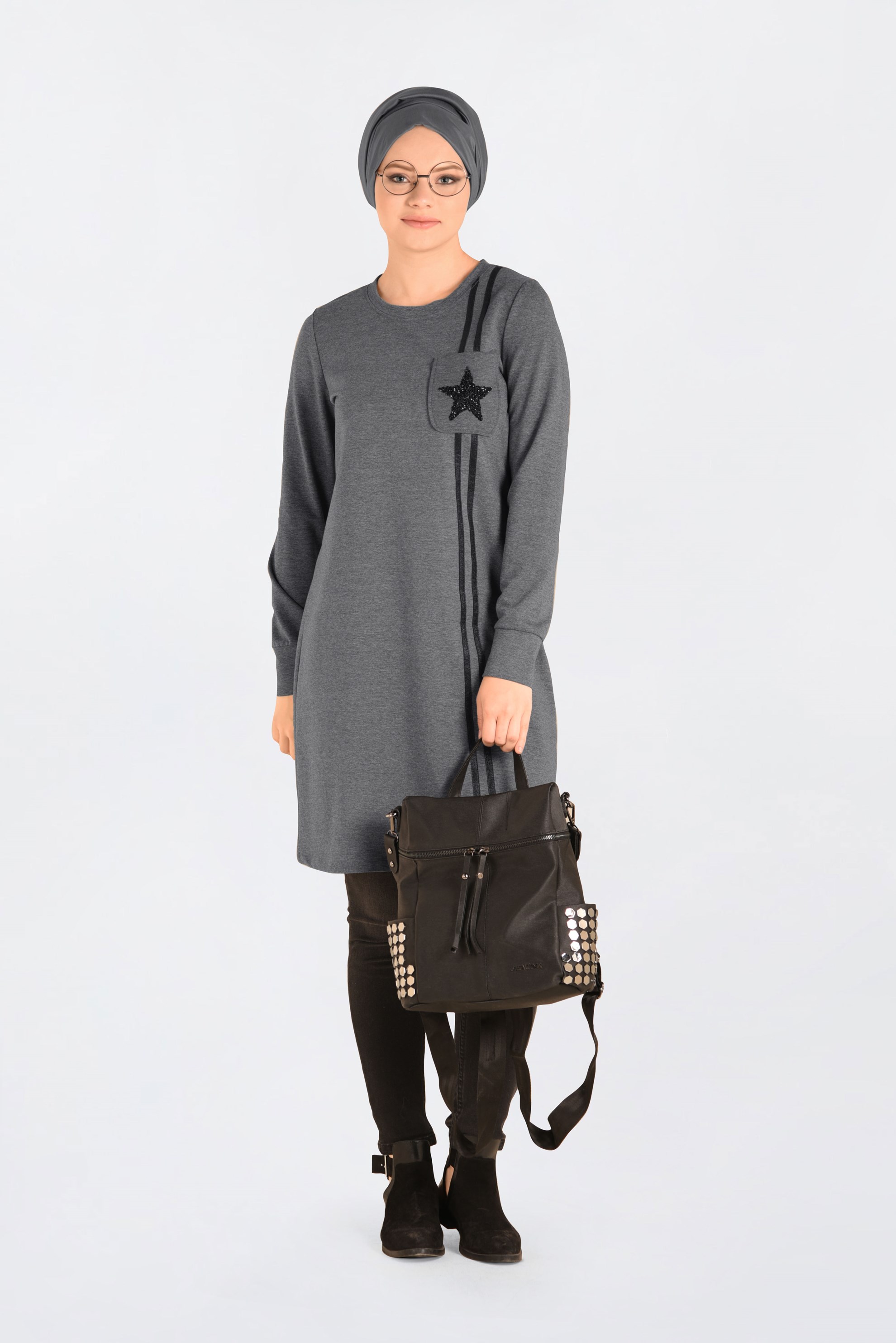 Tesettür giyim GRİ CEP DETAYLI EŞOFMAN TUNİK 4546