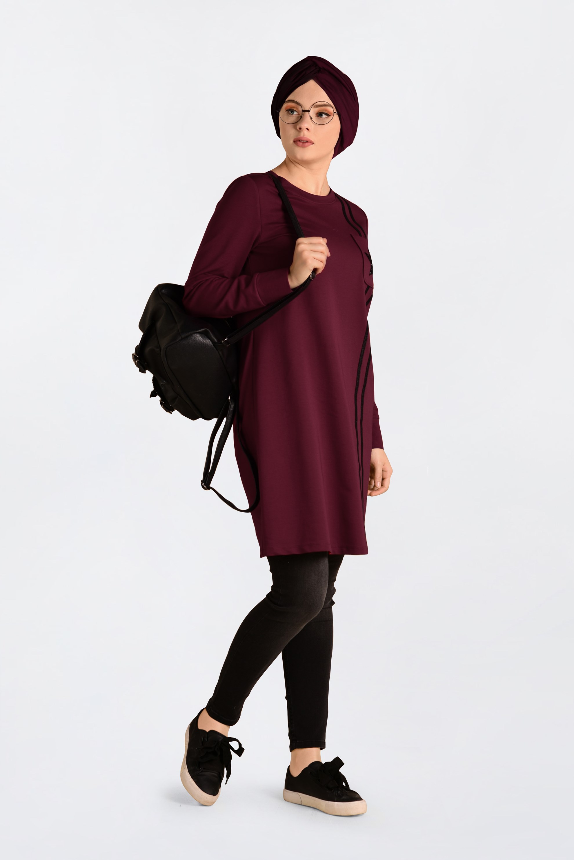 Tesettür giyim BORDO CEP DETAYLI EŞOFMAN TUNİK 4546