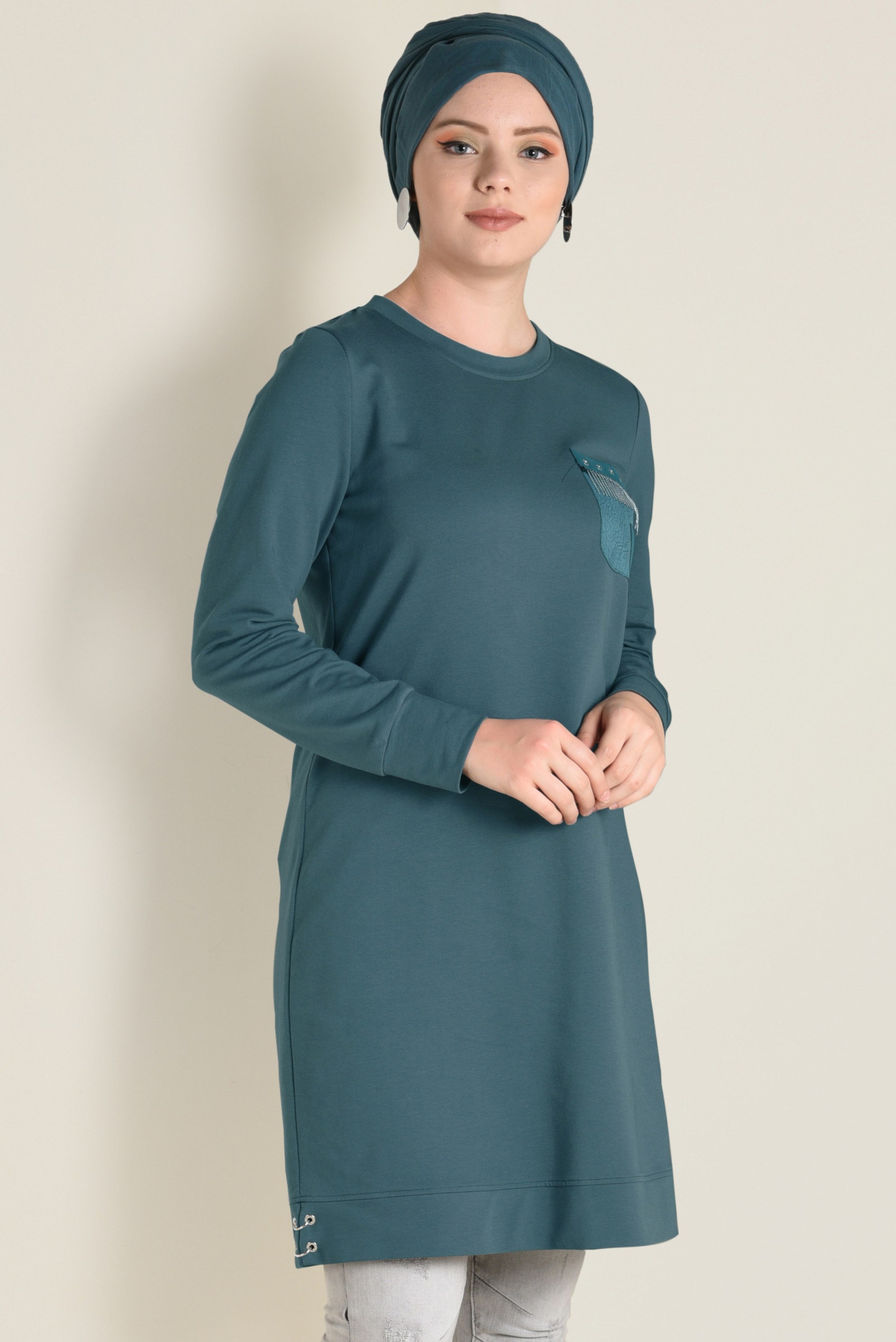 Tesettür giyim YEŞİL CEP DETAYLI EŞOFMAN TUNİK 4552