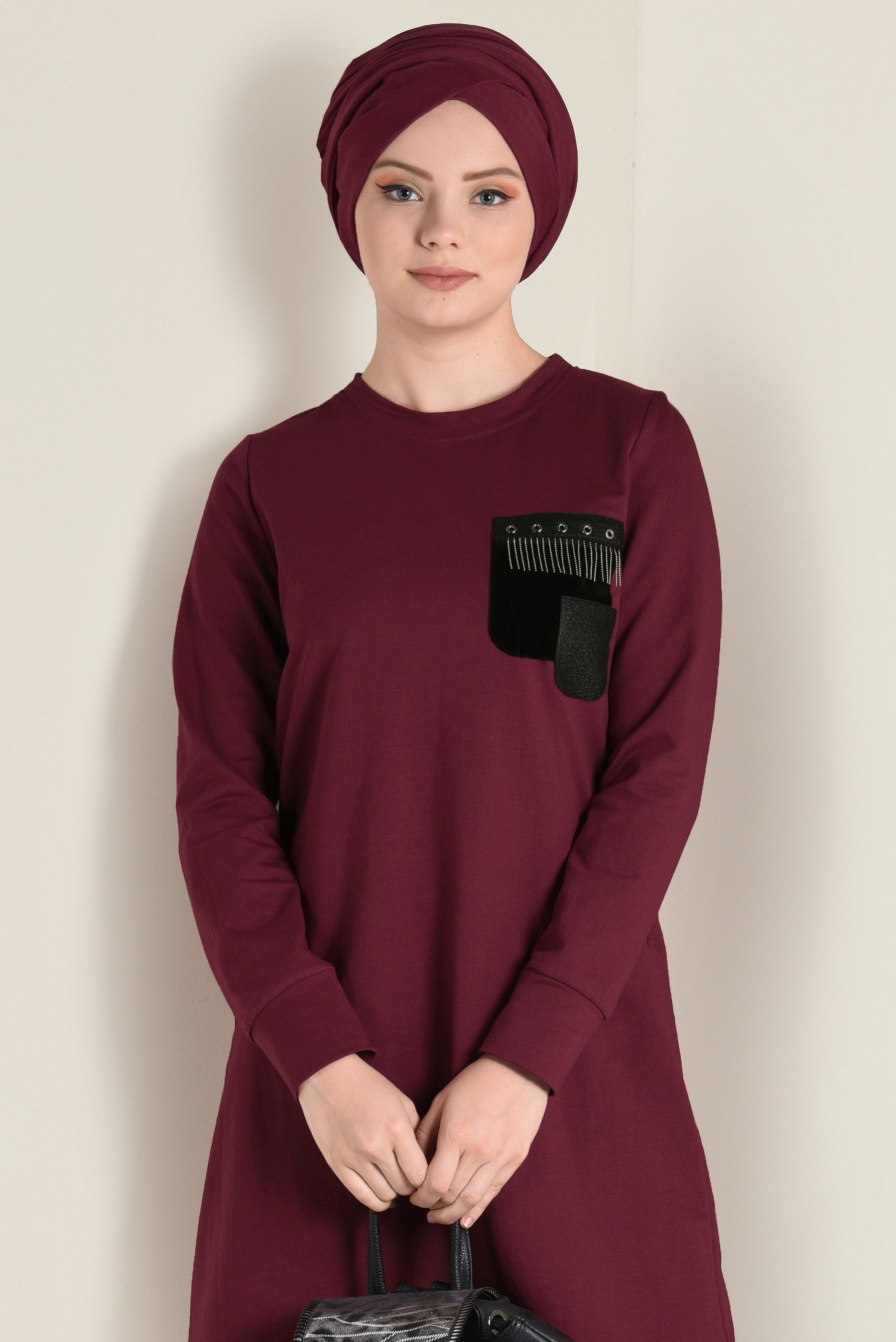 Tesettür giyim BORDO CEP DETAYLI EŞOFMAN TUNİK 4552