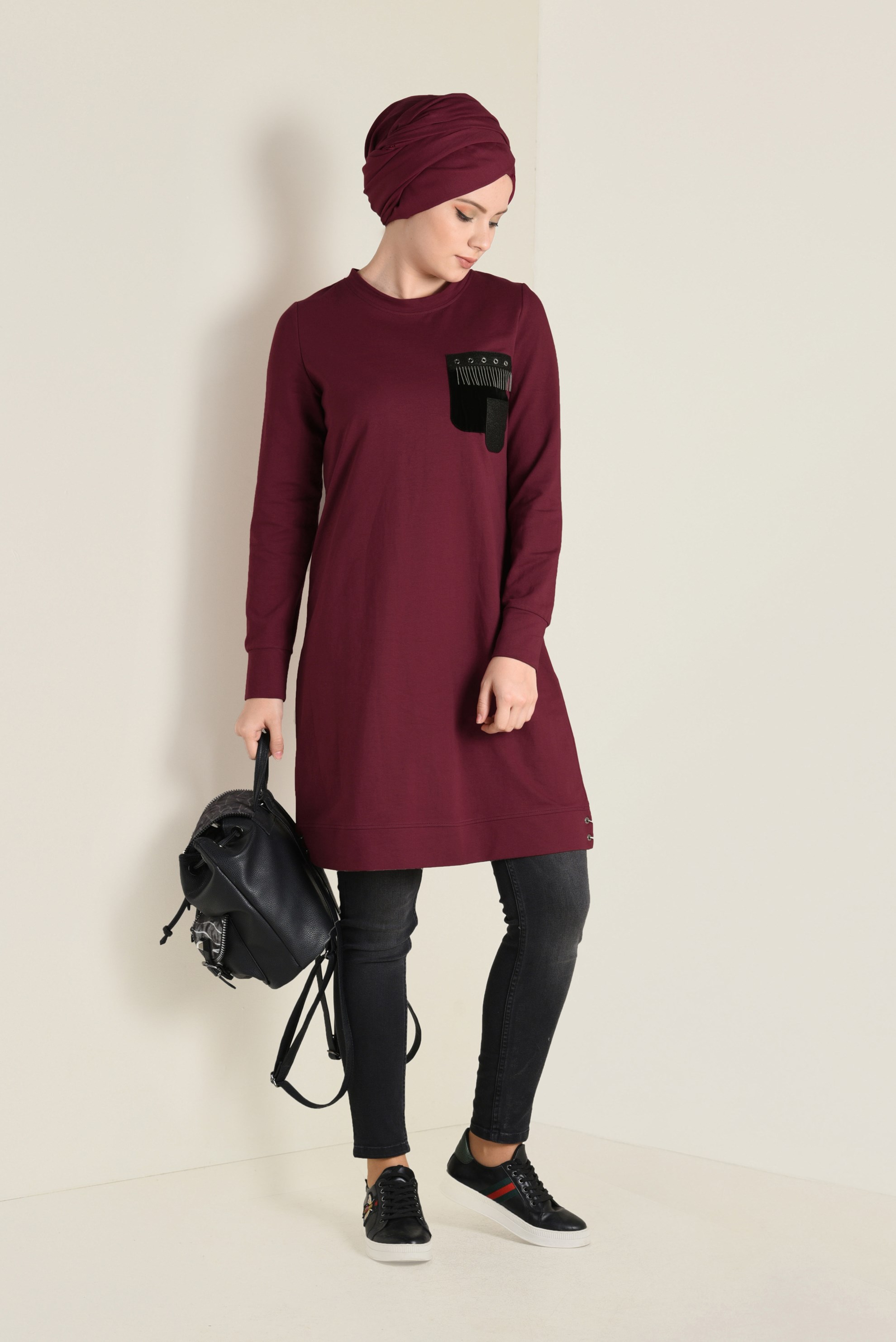 Tesettür giyim BORDO CEP DETAYLI EŞOFMAN TUNİK 4552