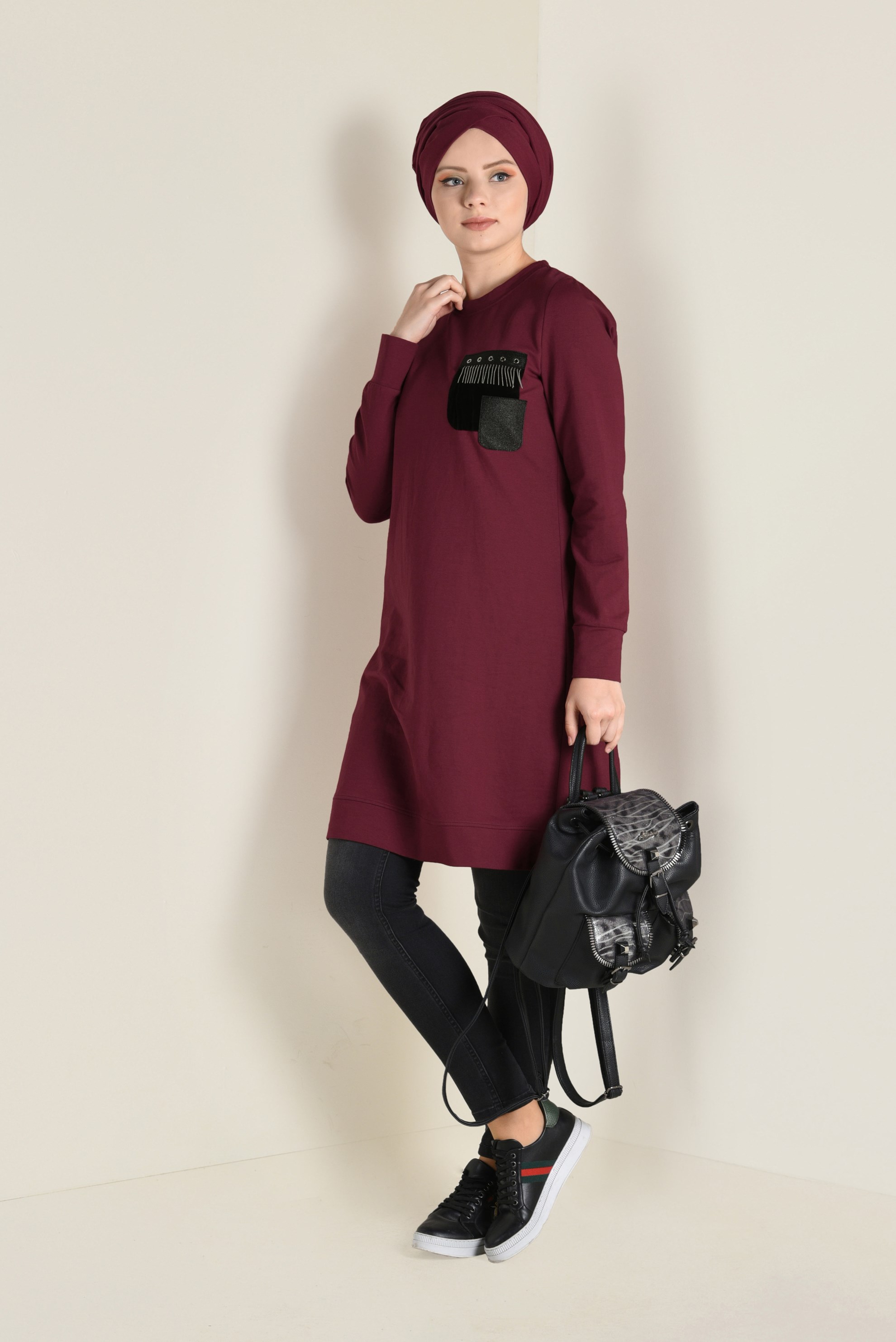 Tesettür giyim BORDO CEP DETAYLI EŞOFMAN TUNİK 4552