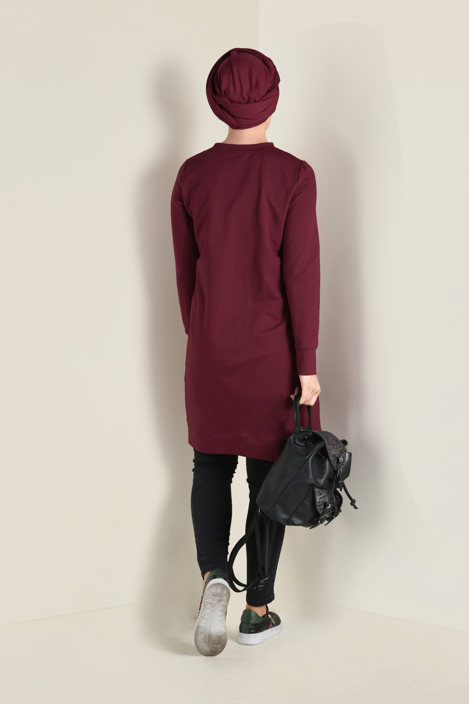 Tesettür giyim BORDO CEP DETAYLI EŞOFMAN TUNİK 4552