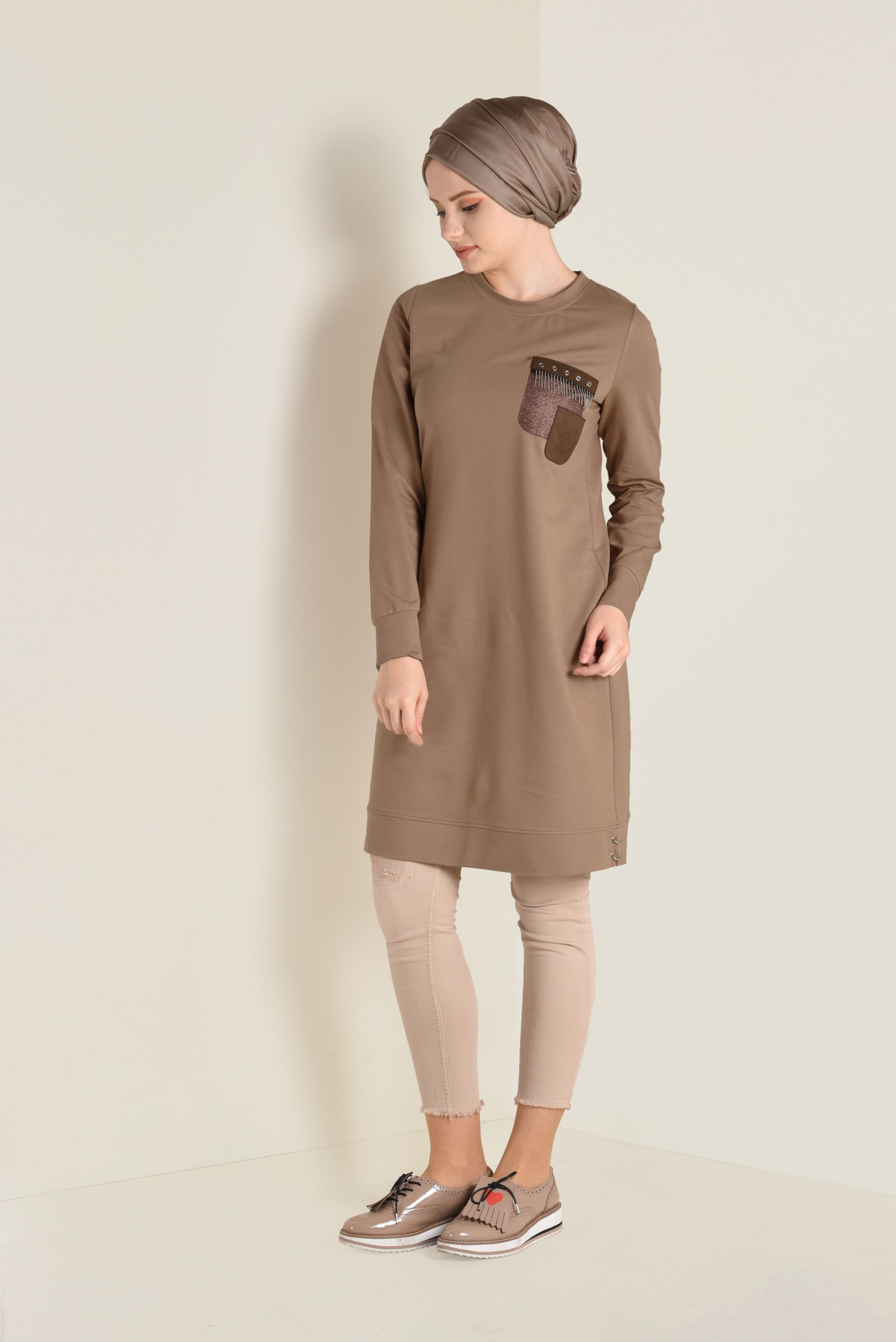Tesettür giyim KAHVE CEP DETAYLI EŞOFMAN TUNİK 4552