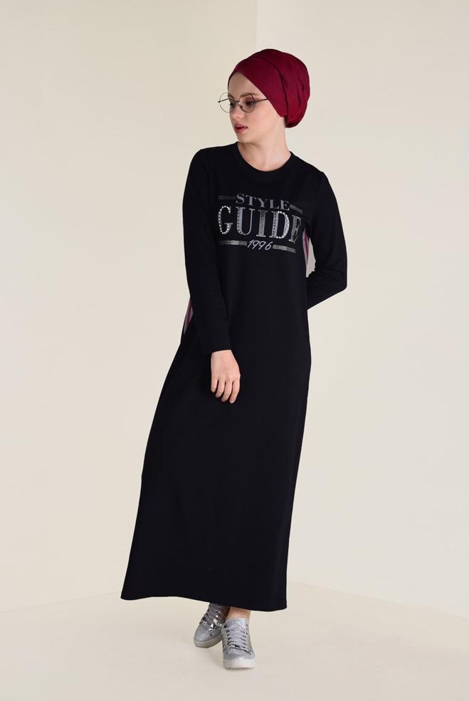 Hijab clothing BLACK PRINTED SPORT DRESS 4555 - ALVİNA