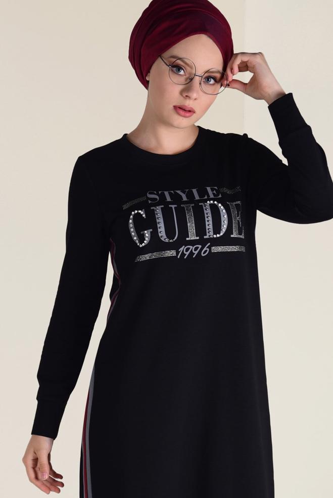 Hijab clothing BLACK PRINTED SPORT DRESS 4555 - ALVİNA