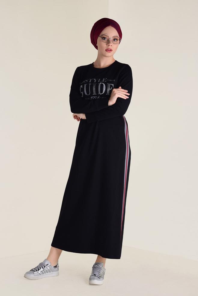 Hijab clothing BLACK PRINTED SPORT DRESS 4555 - ALVİNA