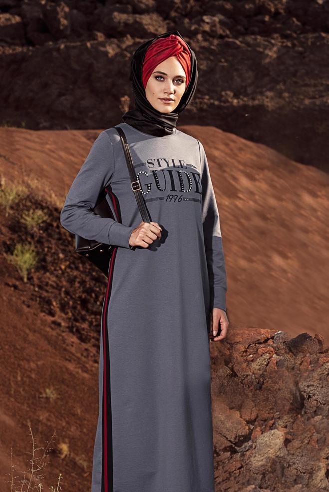 Hijab clothing GREY PRINTED SPORT DRESS 4555 - ALVİNA