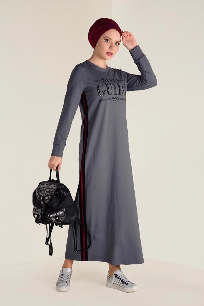 Hijab clothing GREY PRINTED SPORT DRESS 4555 - ALVİNA
