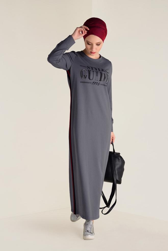 Hijab clothing GREY PRINTED SPORT DRESS 4555 - ALVİNA